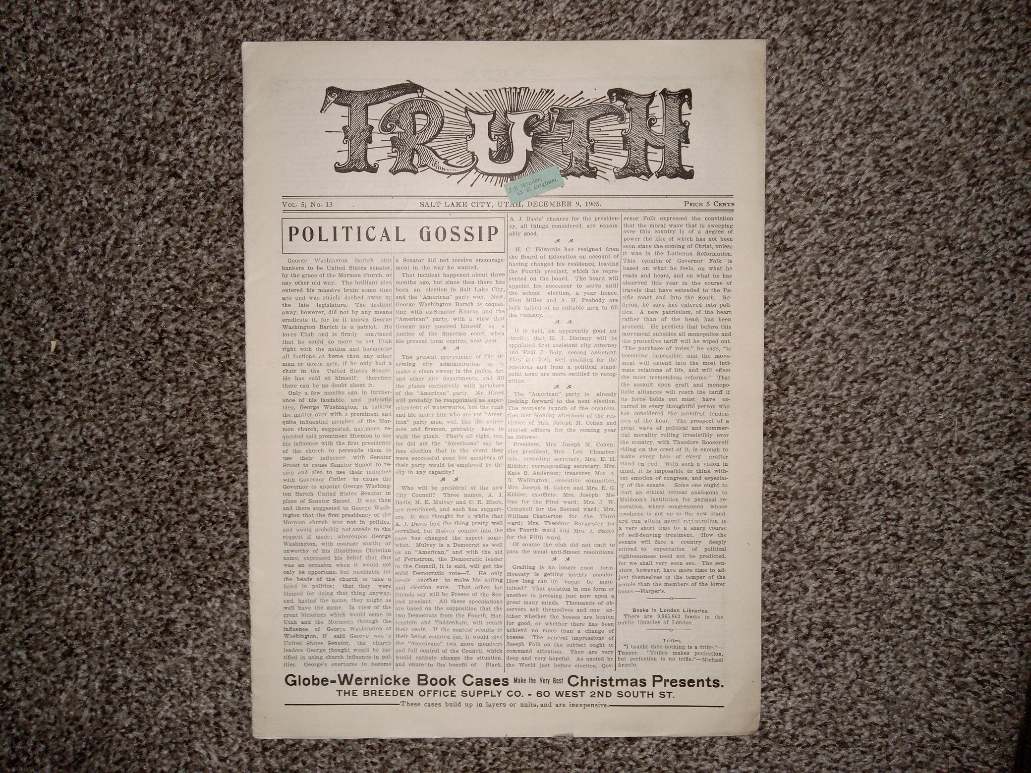 Truth: Vol. 5, No. 13, Salt Lake City, Utah, December 9, 1905 (Newspaper) (1905)