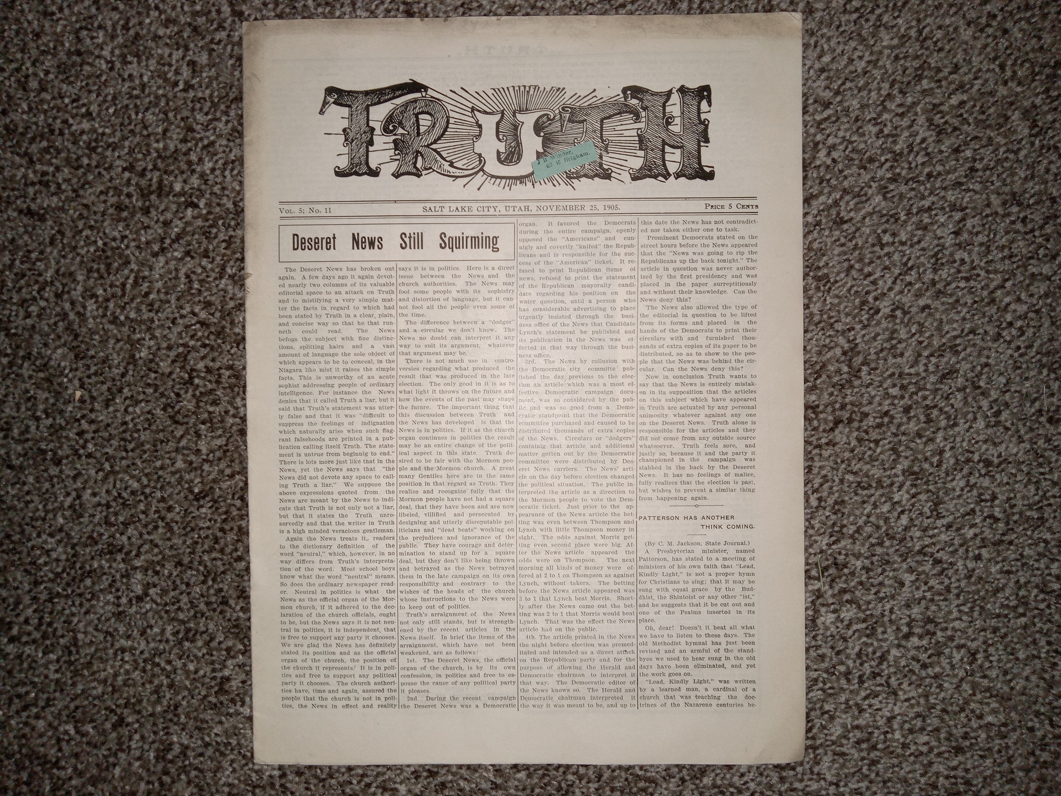 Truth: Vol. 5, No. 11, Salt Lake City, Utah, November 25, 1905 (Newspaper) (1905)