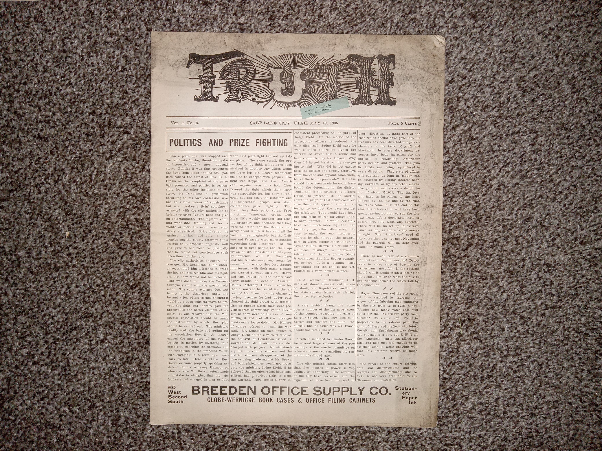 Truth: Vol. 5, No. 36, Salt Lake City, Utah, May 19, 1906 (Newspaper) (1906)