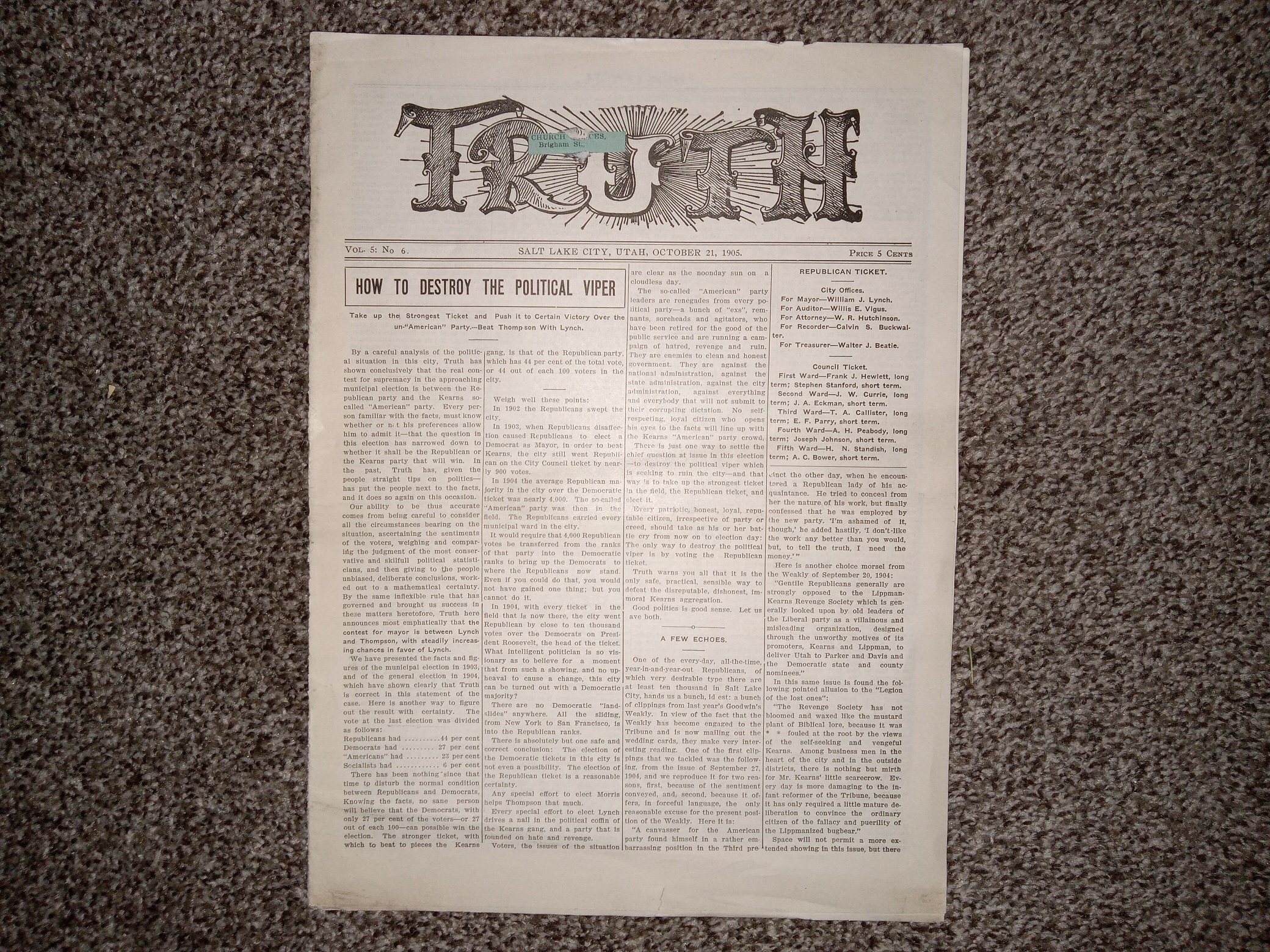 Truth: Vol. 5, No. 6, Salt Lake City, Utah, October 21, 1905 (Newspaper) (1905)