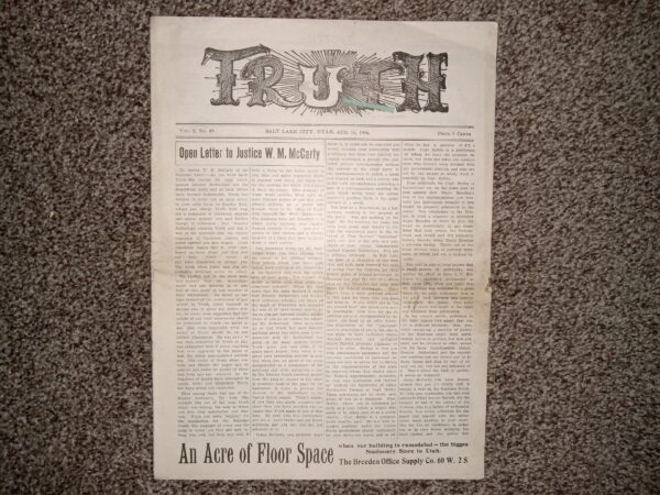 Truth: Vol. 5, No. 49, Salt Lake City, Utah, August 18, 1906 (Newspaper) (1906)