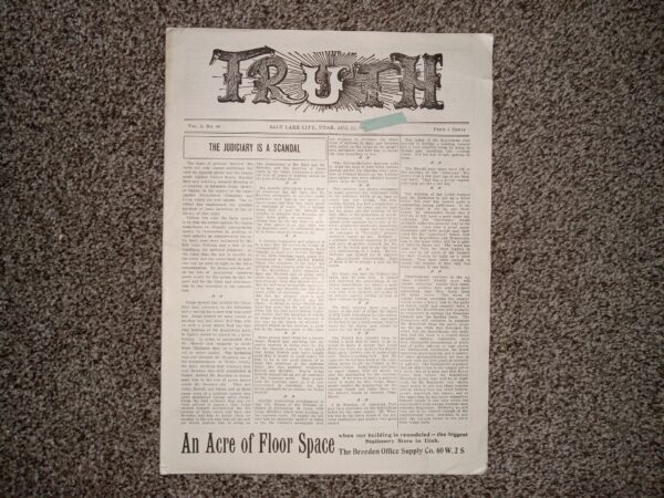 Truth: Vol. 5, No. 48, Salt Lake City, Utah, August, 1906 (Newspaper) (1906)