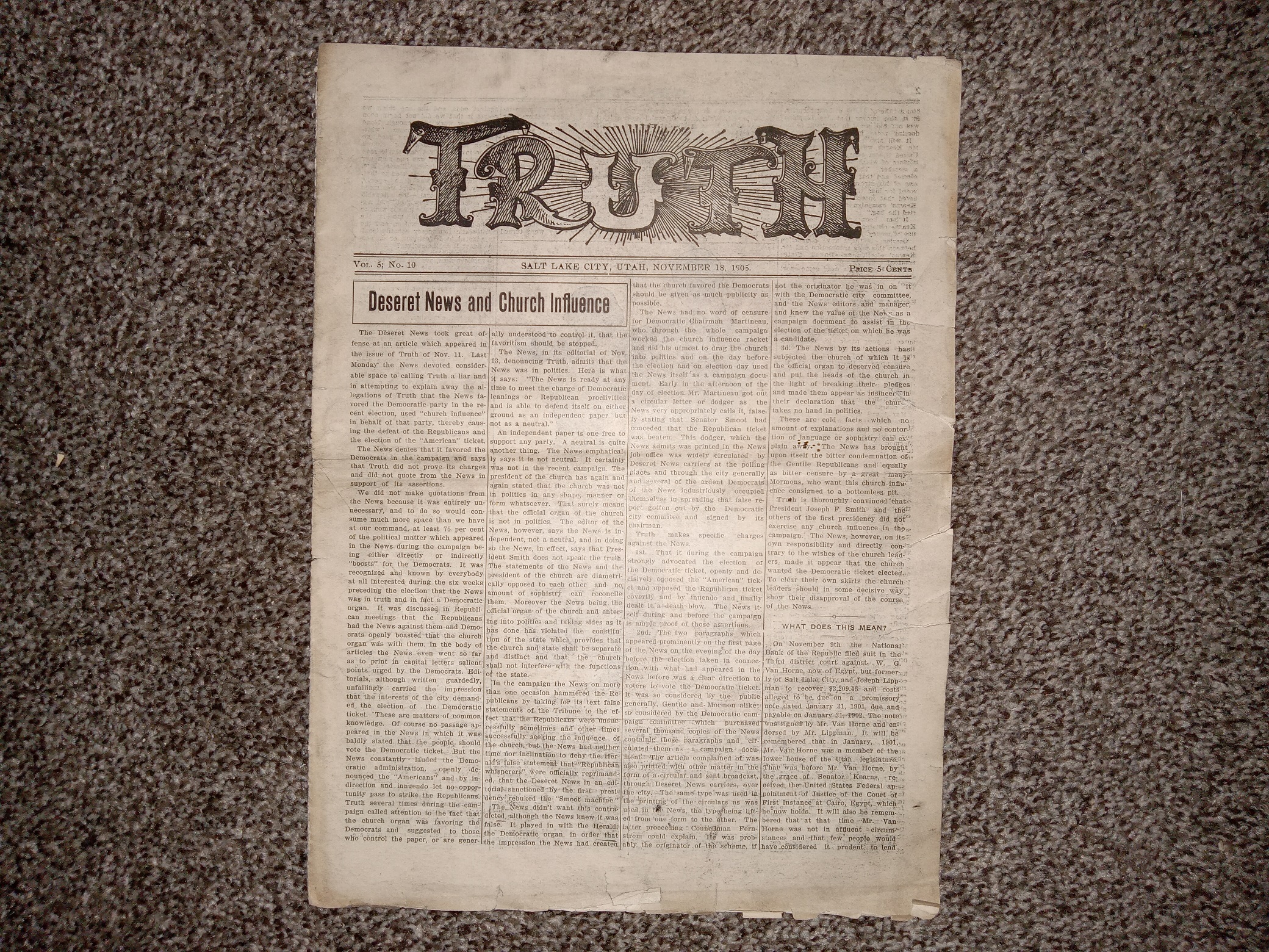 Truth: Vol. 5, No. 10, Salt Lake City, Utah, November 18, 1905 (Newspaper) (1905)