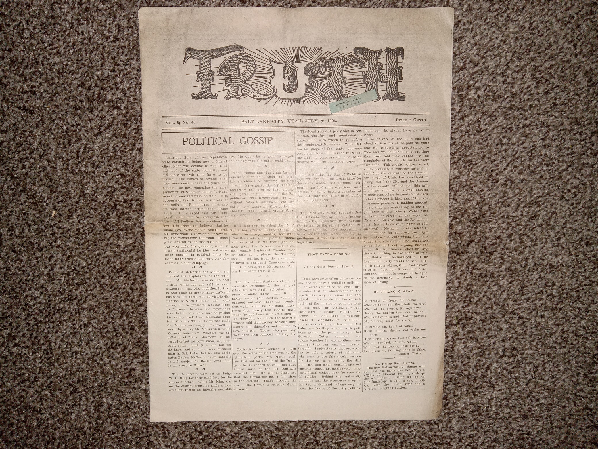 Truth: Vol. 5, No. 46, Salt Lake City, Utah, July 28, 1906 (Newspaper) (1906)