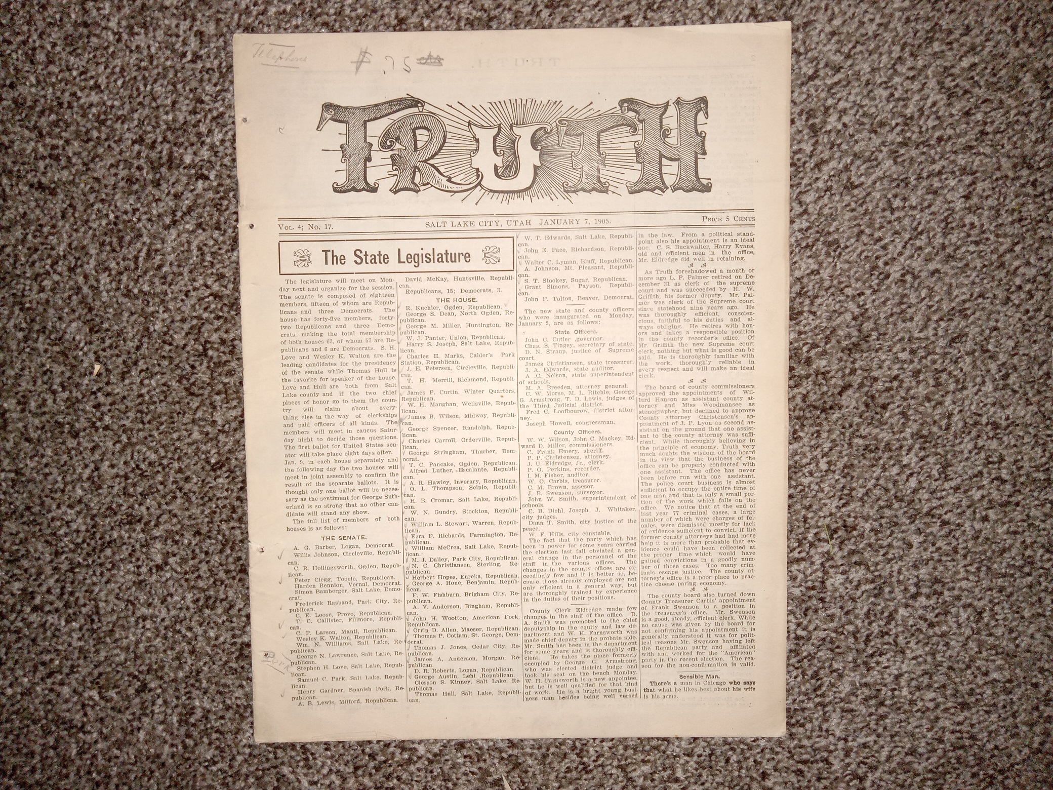 Truth: Vol. 4, No. 17, Salt Lake City, Utah, January 7, 1905 (Newspaper) (1905)
