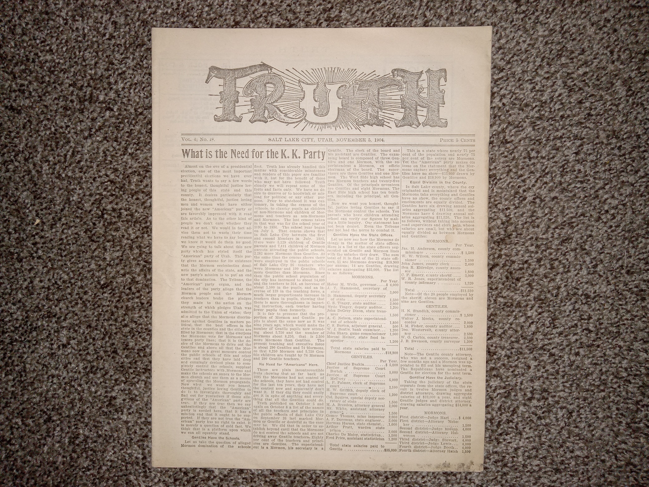Truth: Vol. 4, No. 18, Salt Lake City, Utah, November 5, 1904 (Newspaper) (1904)