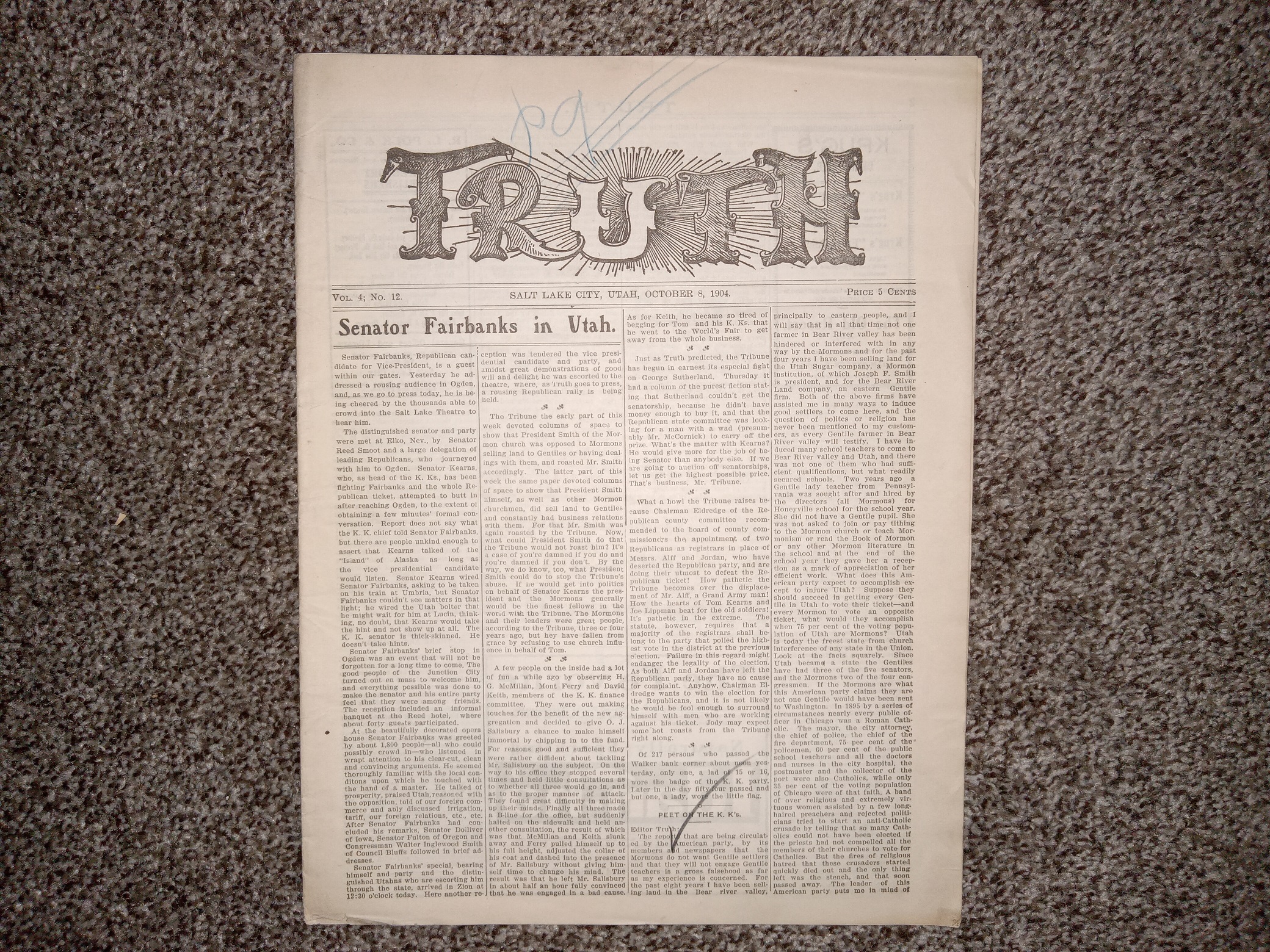 Truth: Vol. 4, No. 12, Salt Lake City, Utah, October 8, 1904 (Newspaper) (1904)