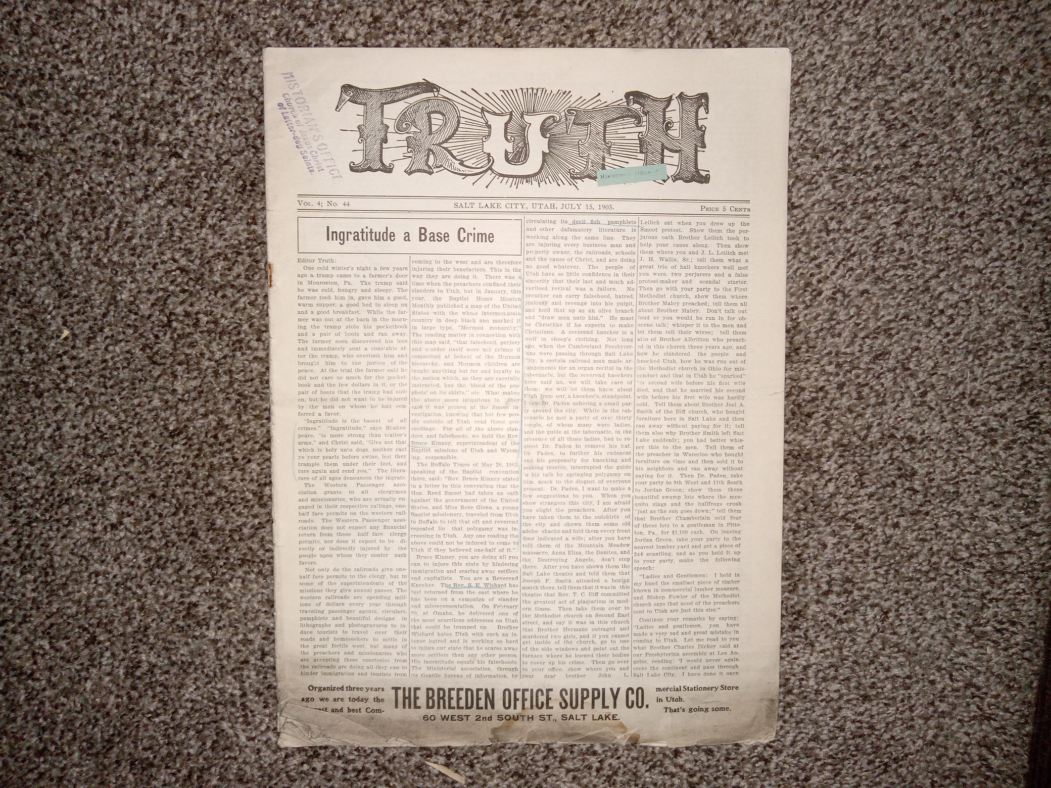 Truth: Vol. 4, No. 44, Salt Lake City, Utah, July 15, 1905 (Newspaper) (1905)