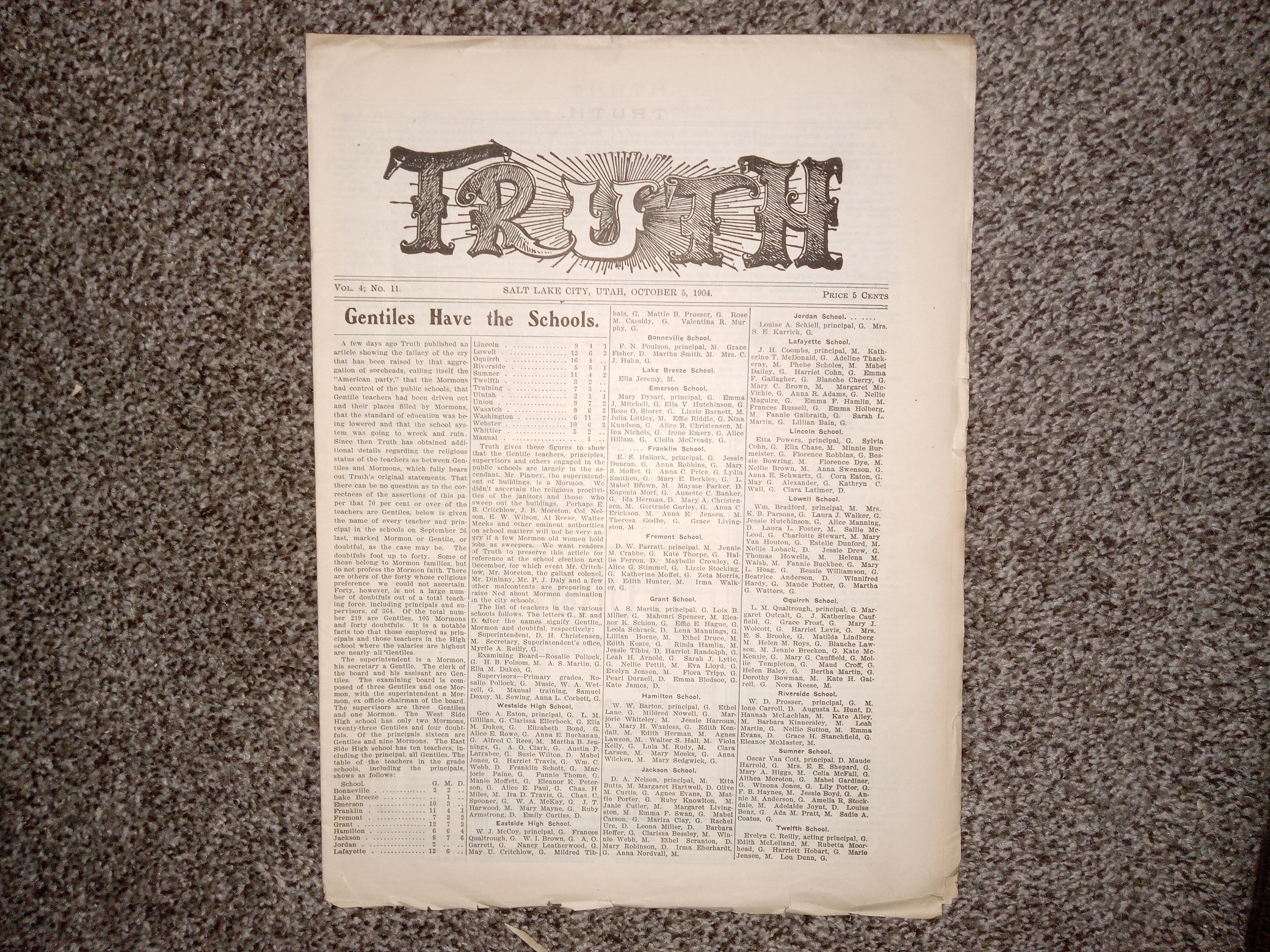 Truth: Vol. 4, No. 11, Salt Lake City, Utah, October 5, 1904 (Uncut) (Newspaper) (1904)
