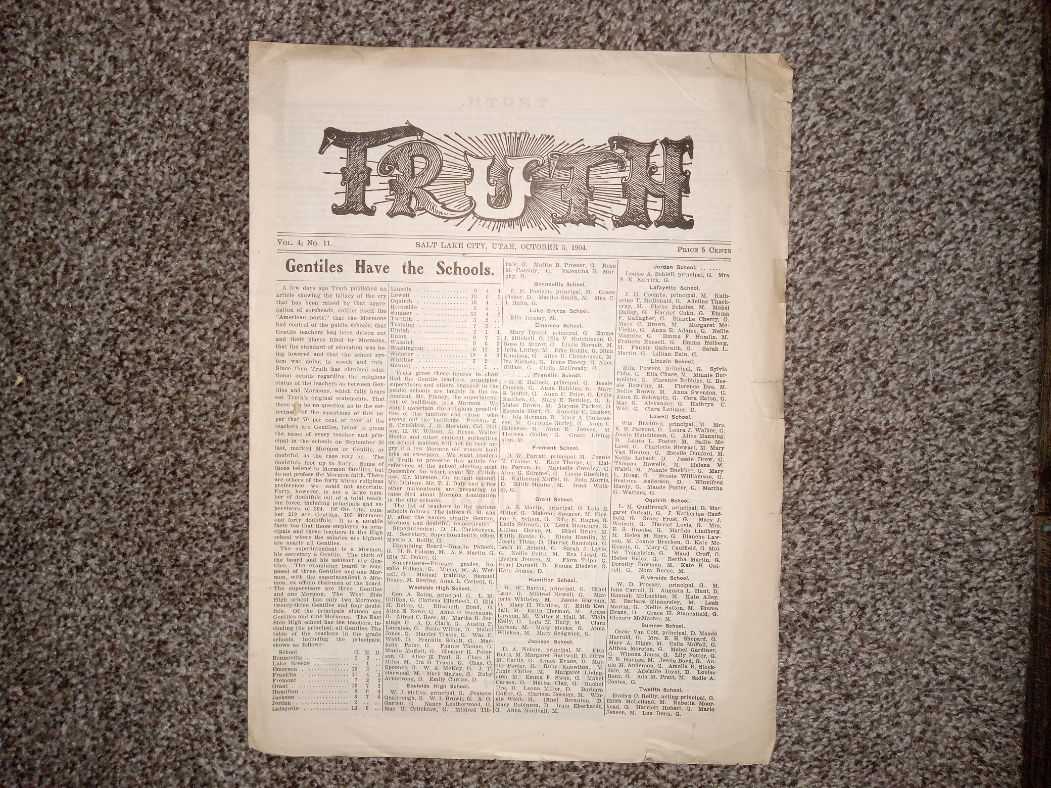Truth: Vol. 4, No. 11, Salt Lake City, Utah, October 5, 1904 (Uncut) (Newspaper) (1904)