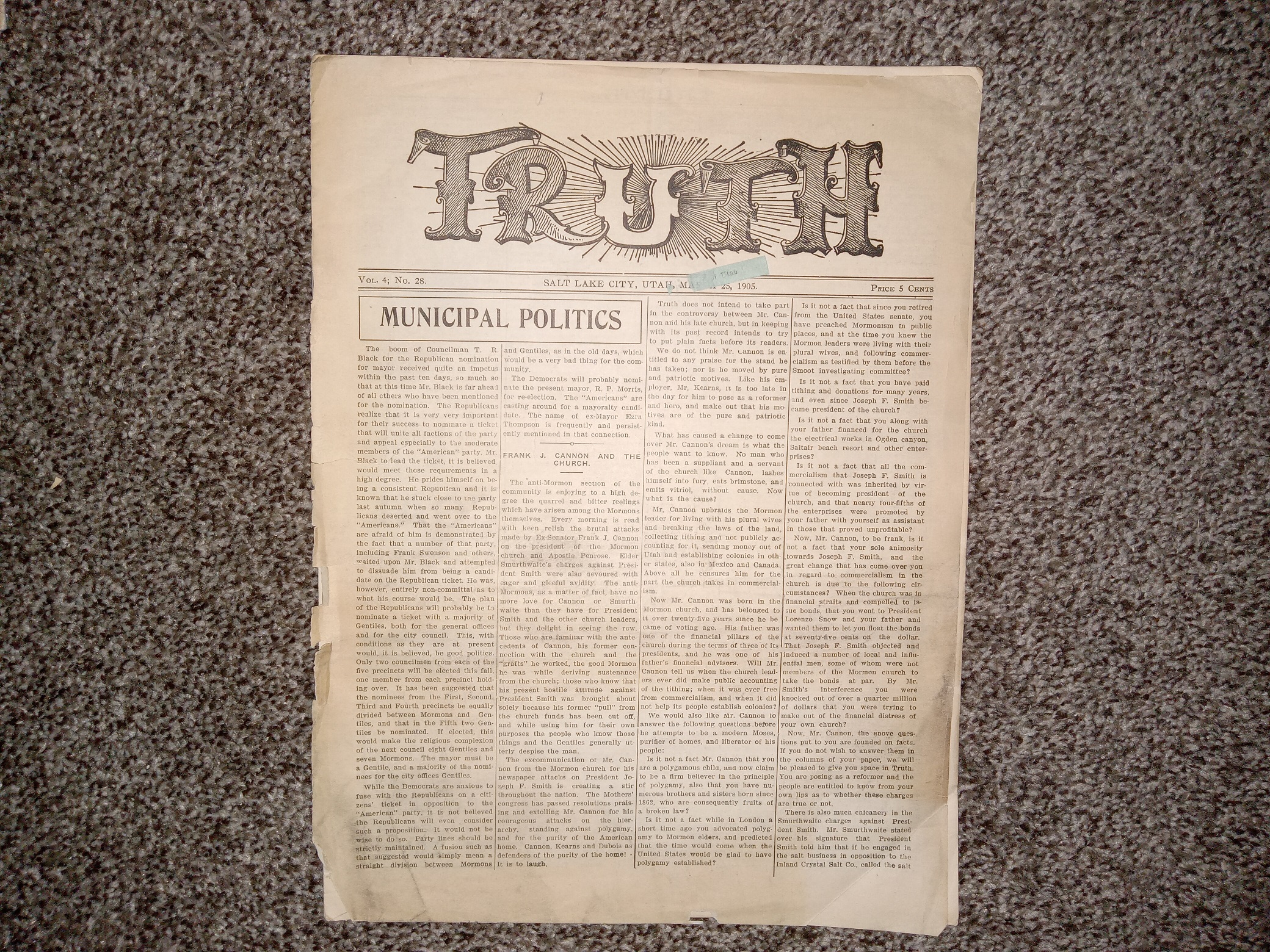 Truth: Vol. 4, No. 28, Salt Lake City, Utah, March 25, 1905 (Newspaper) (1905)