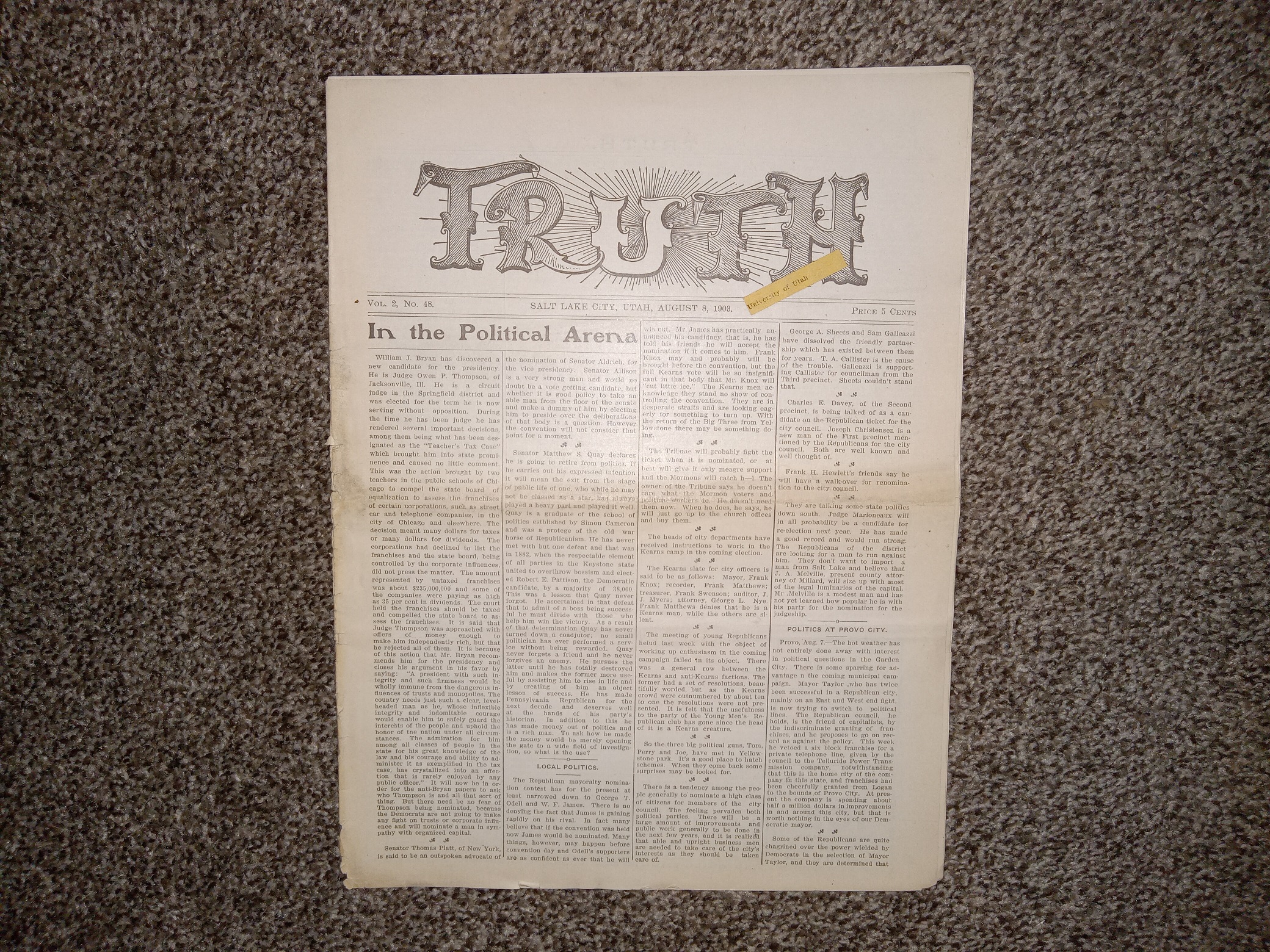 Truth Vol 2 No 48 Salt Lake City Utah August 8 1903 Newspaper 1903 Eborn Books 