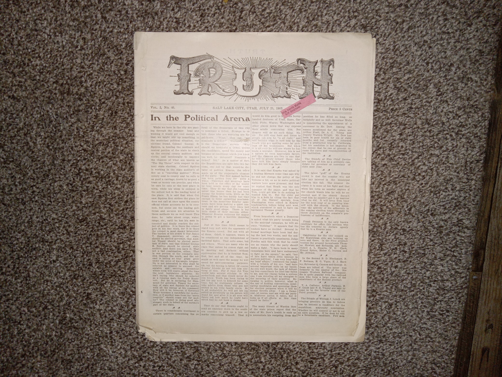 Truth: Vol. 2, No. 46, Salt Lake City, Utah, July 25, 1903 (Unbound) (Newspaper) (1903)