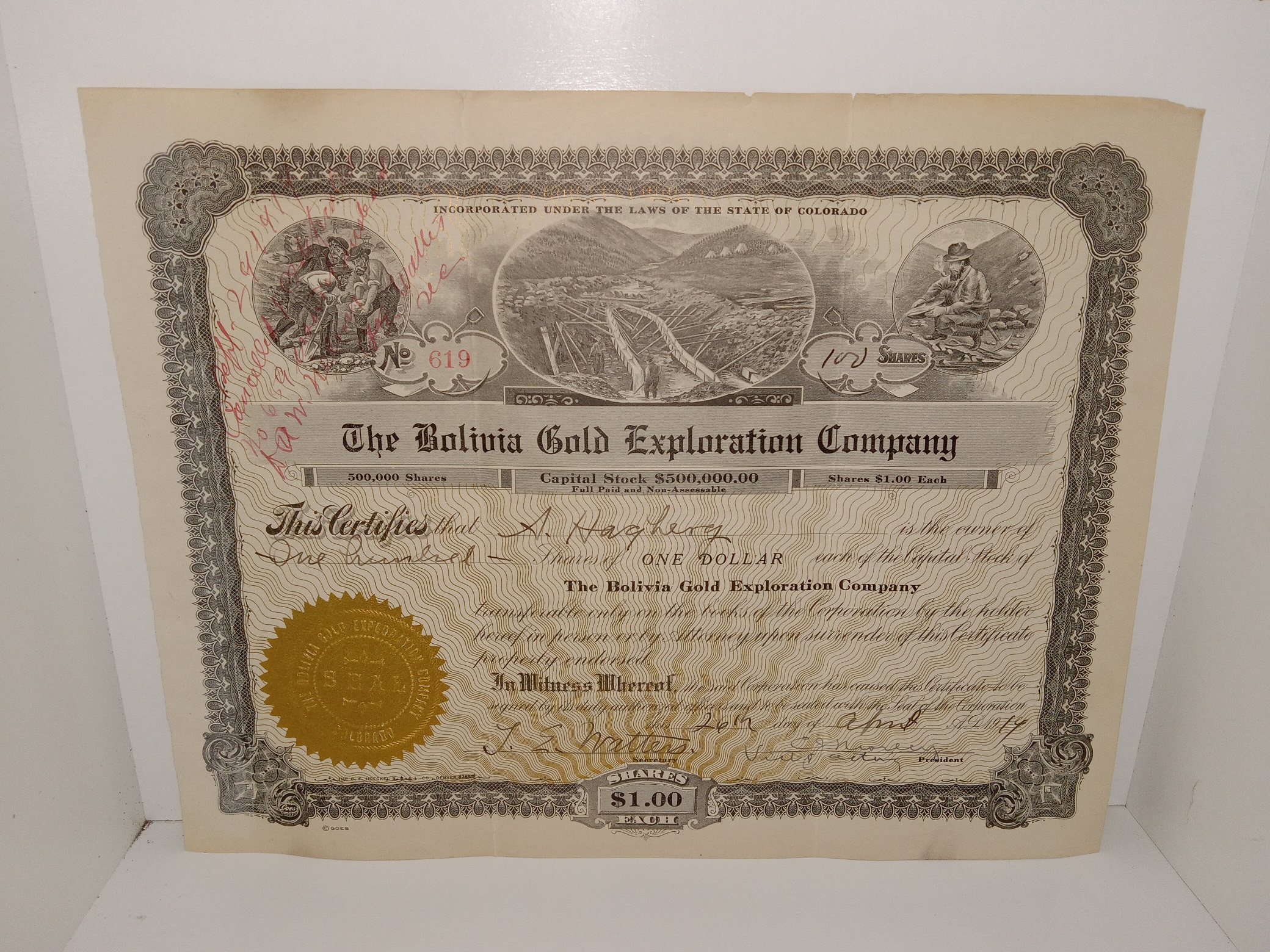 The Bolivia Gold Exploration Company Certificate for Shares for $1 ...