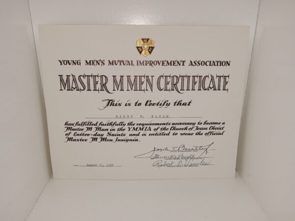 Young Men's Mutual Improvement Association Master M Men Certificate Certificate for Harry P. Bluhm