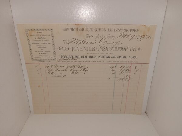 Juvenile Instructor Receipt (1892)