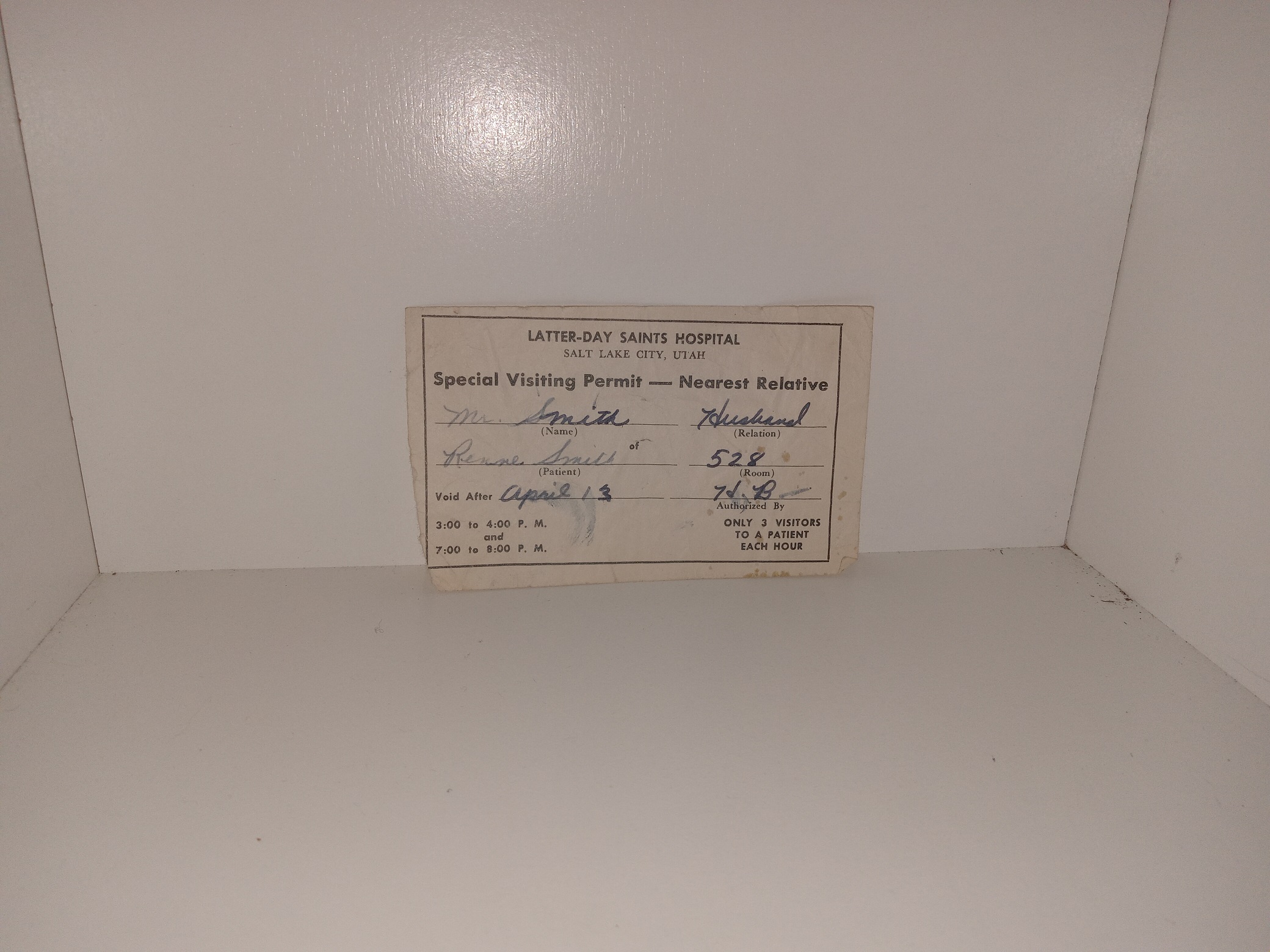 Latter-day Saints Hospital Special Visiting Permit — Nearest Relative for Mr. Smith (Husband) to visit Renne Smith (Used) (No Publishing Date)
