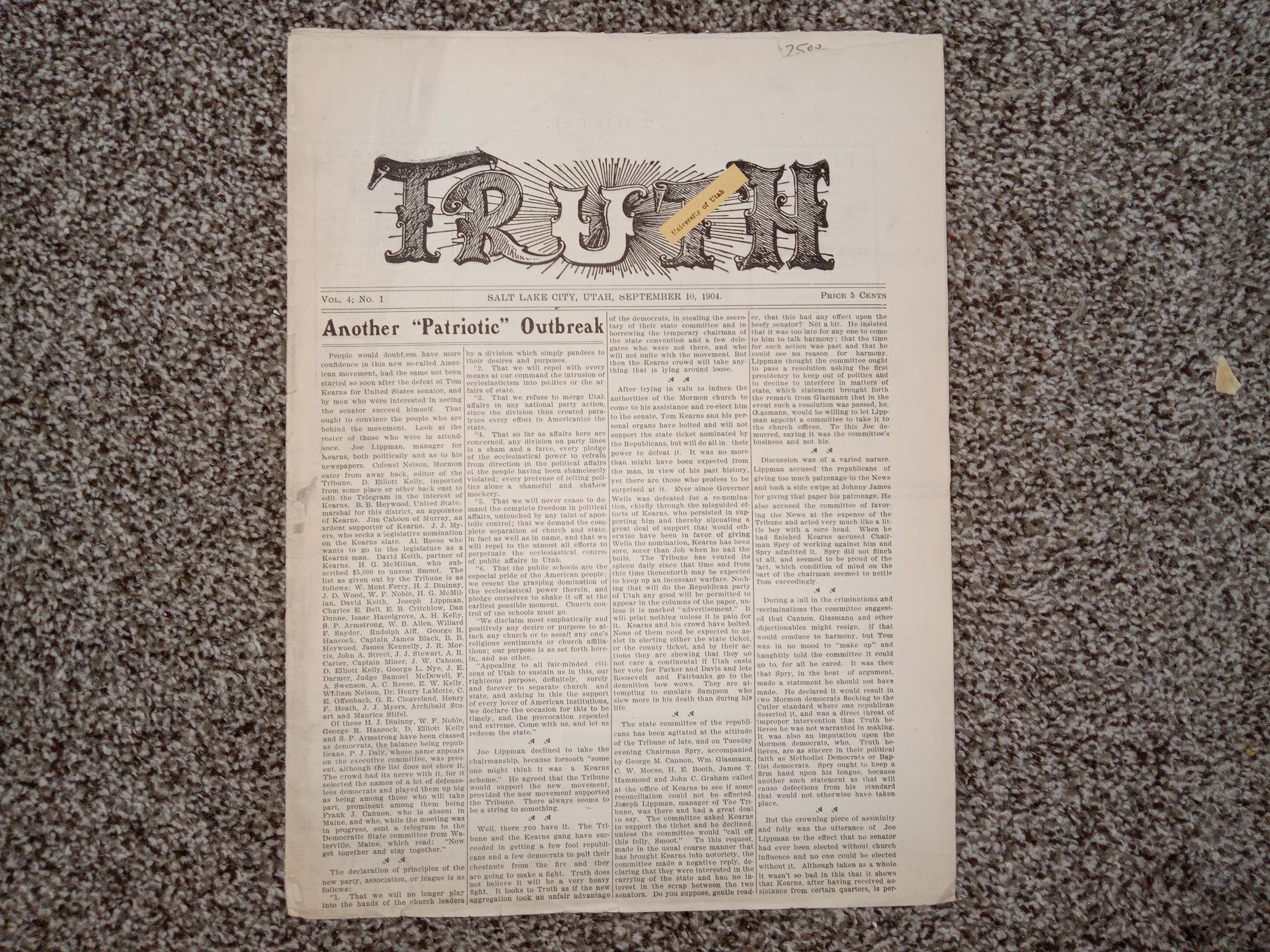 Truth: Vol. 4, No. 1, Salt Lake City, Utah, September 10, 1904 (Newspaper) (1904)