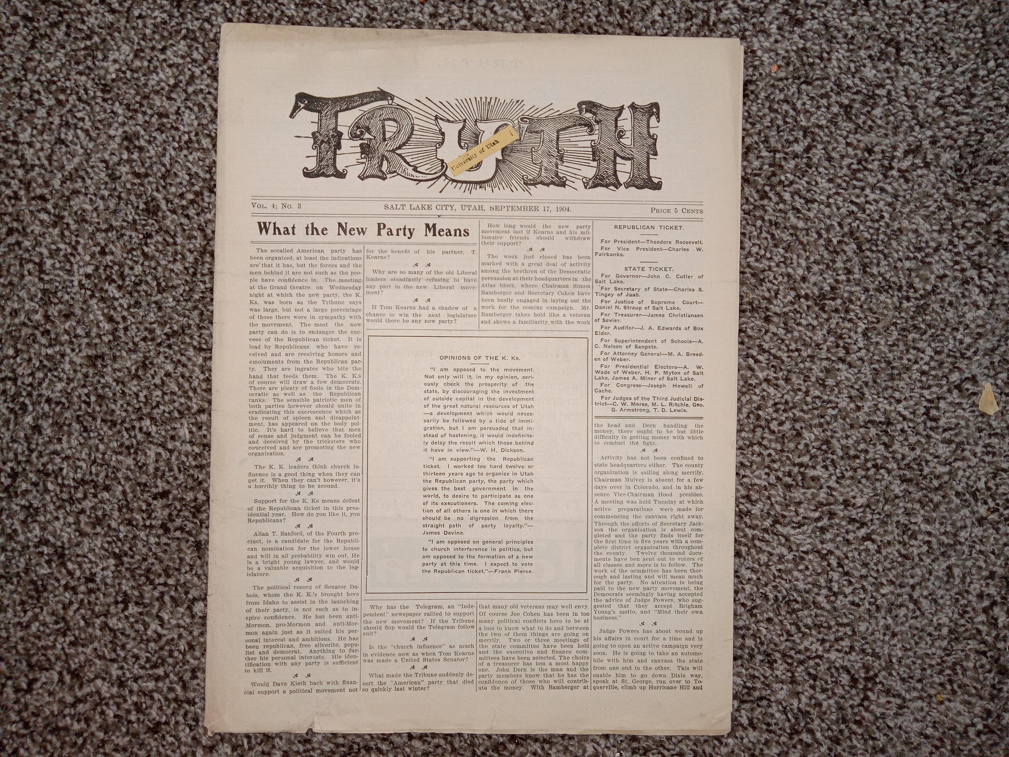 Truth: Vol. 4, No. 3, Salt Lake City, Utah, September 17, 1904 (Newspaper) (1904)