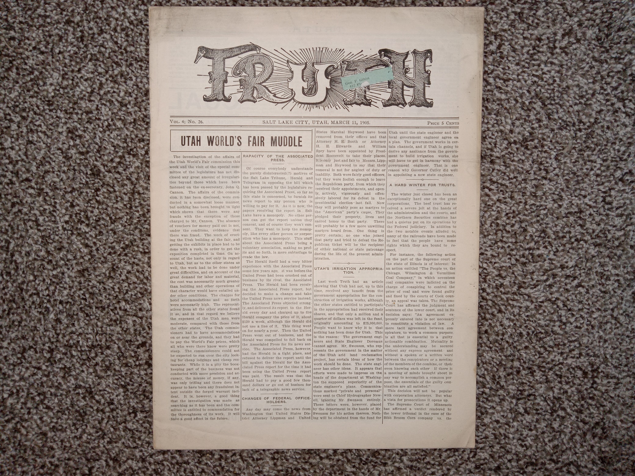 Truth: Vol. 4, No. 26, Salt Lake City, Utah, March 11, 1905 (Newspaper) (1905)