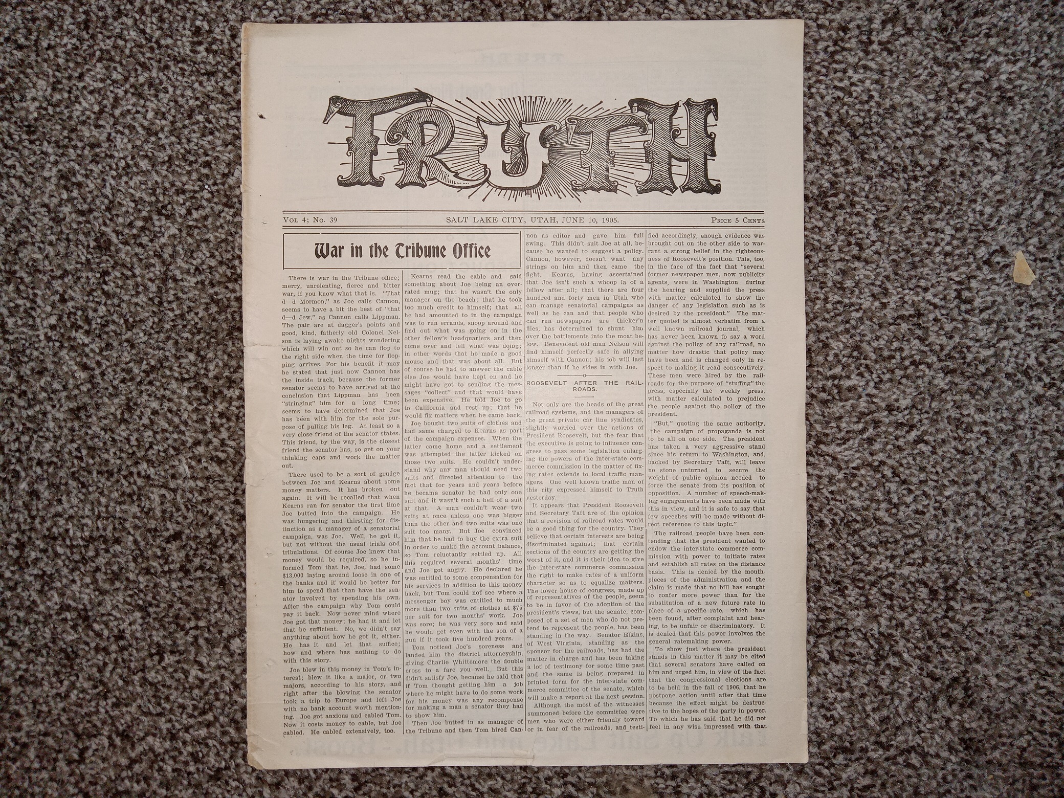 Truth: Vol. 4, No. 39, Salt Lake City, Utah, June 10, 1905 (Newspaper) (1905)