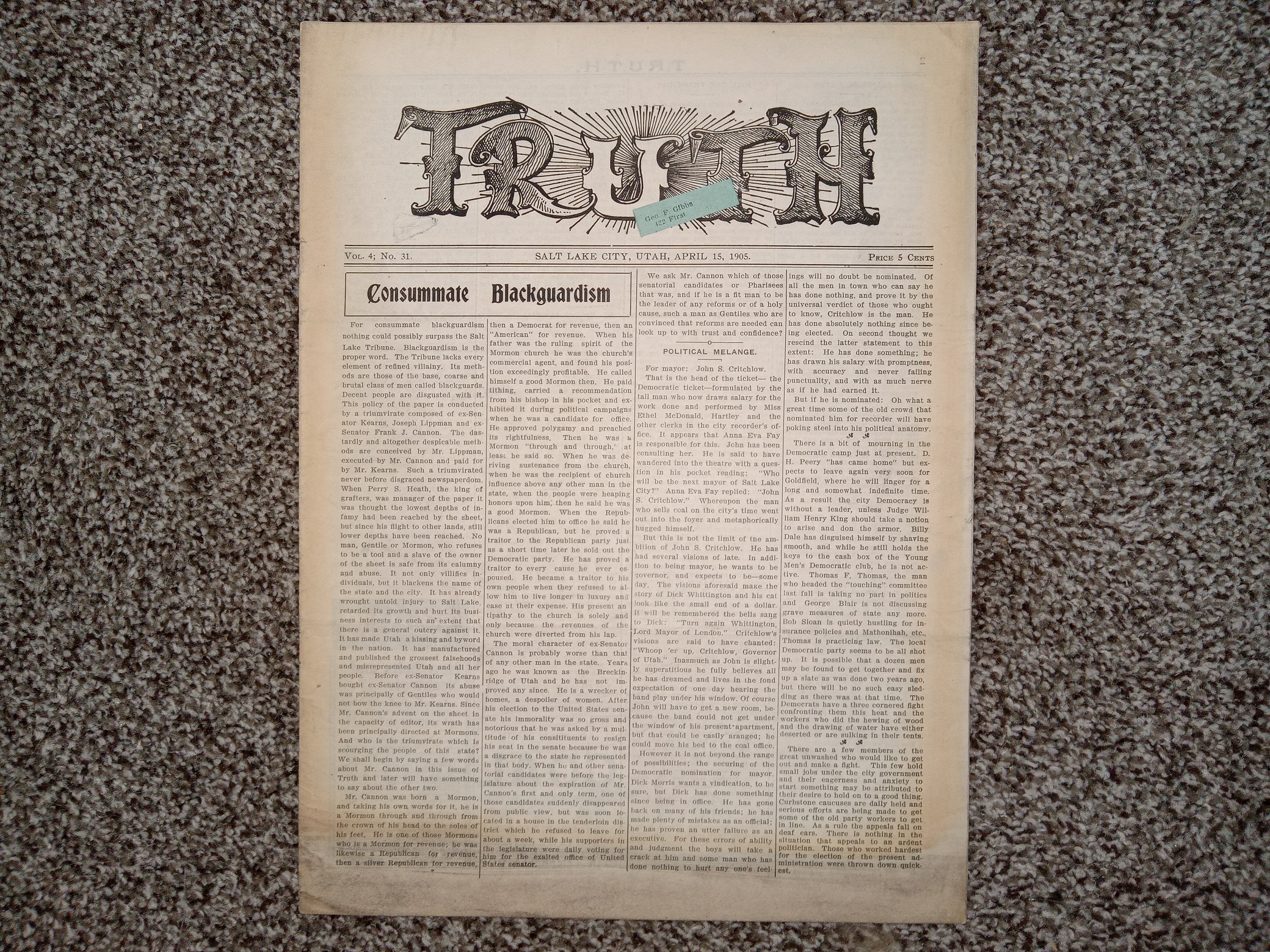 Truth: Vol. 4, No. 31, Salt Lake City, Utah, April 15, 1905 (Newspaper) (1905)