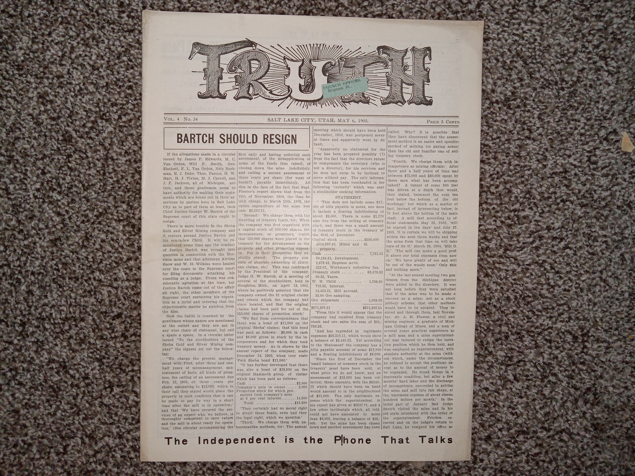Truth: Vol. 4, No. 34, Salt Lake City, Utah, May 6, 1905 (Newspaper) (1905)