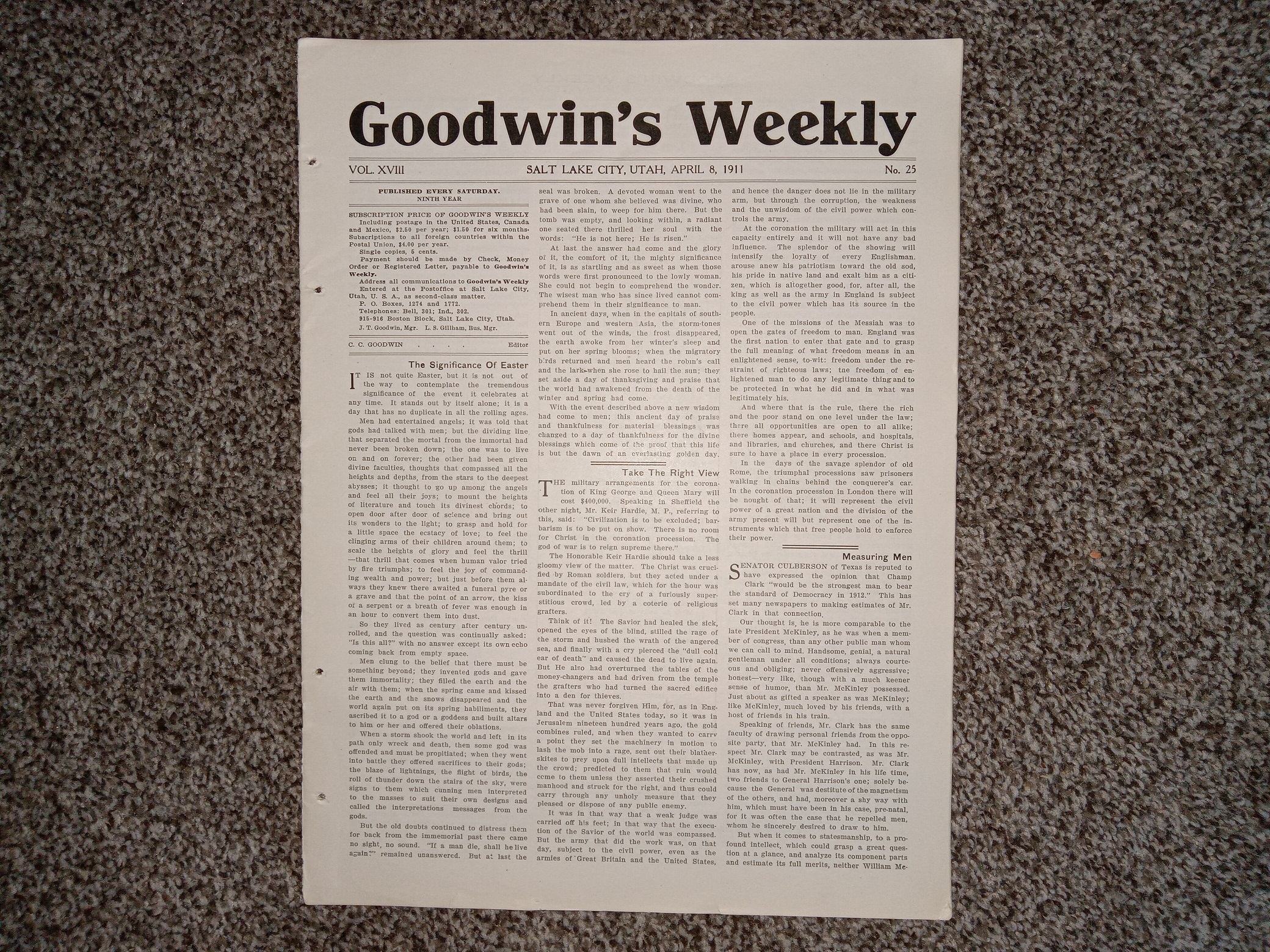 Goodwin’s Weekly: Vol. 18, No. 25, Salt Lake City, Utah, April 8, 1911 (Newspaper) (1911)