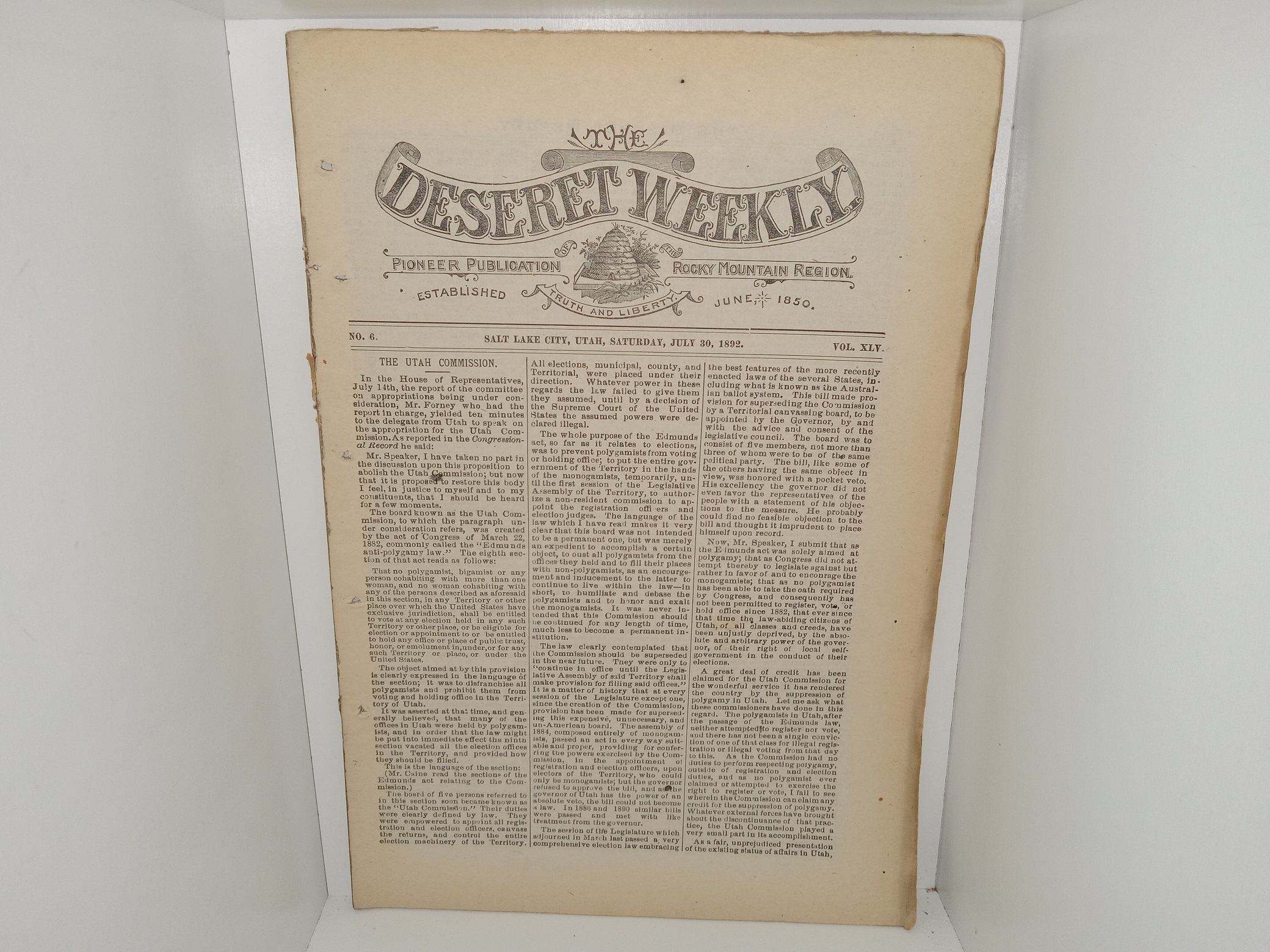 The Deseret Weekly: Vol. 45, No. 6, Salt Lake City, Utah, Saturday, July 30, 1892 (1892)
