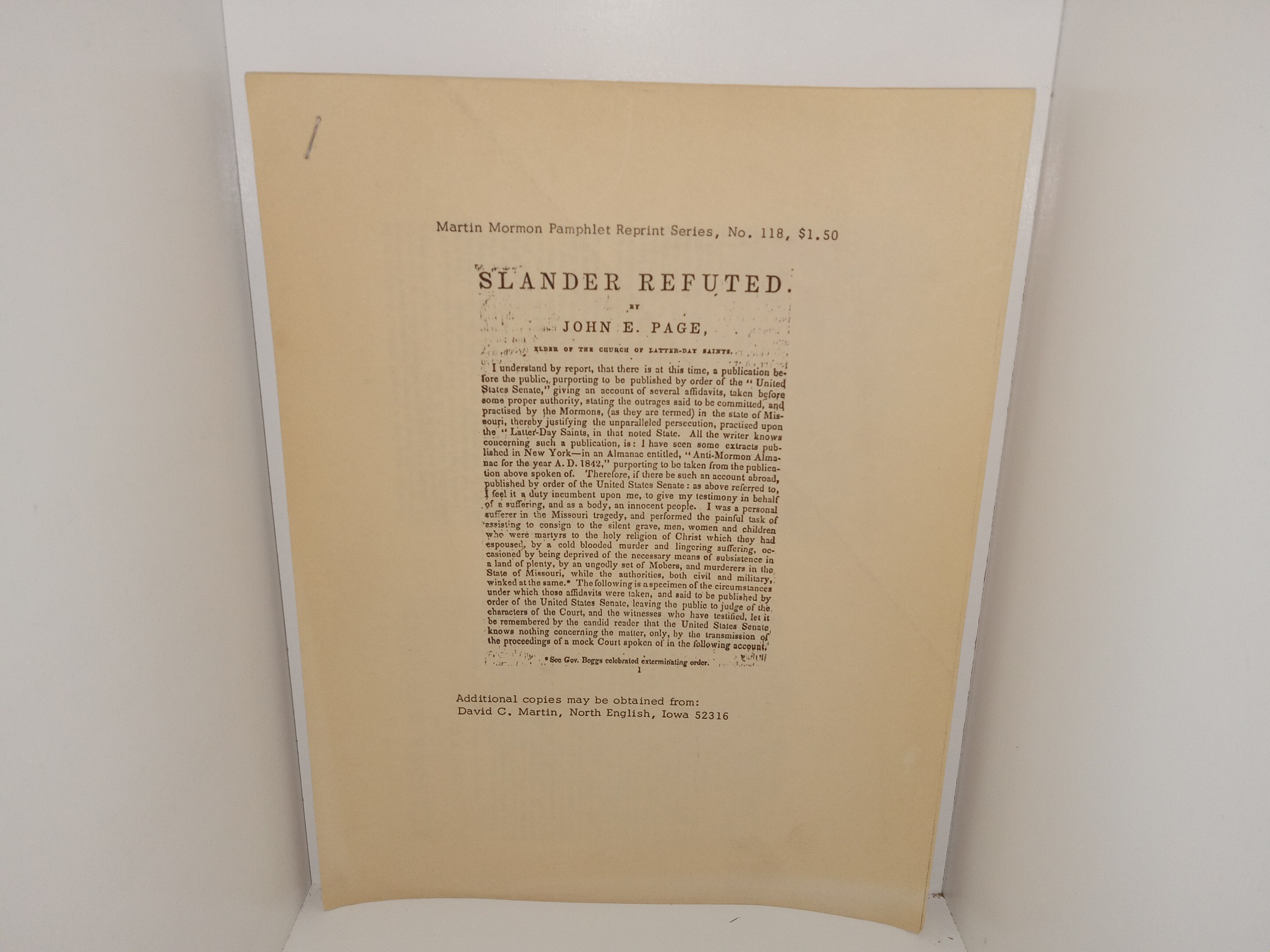 Martin Mormon Pamphlet Reprint Series, No. 118: Slander Refuted (Unknown Publishing Date) ~ by John E. Page