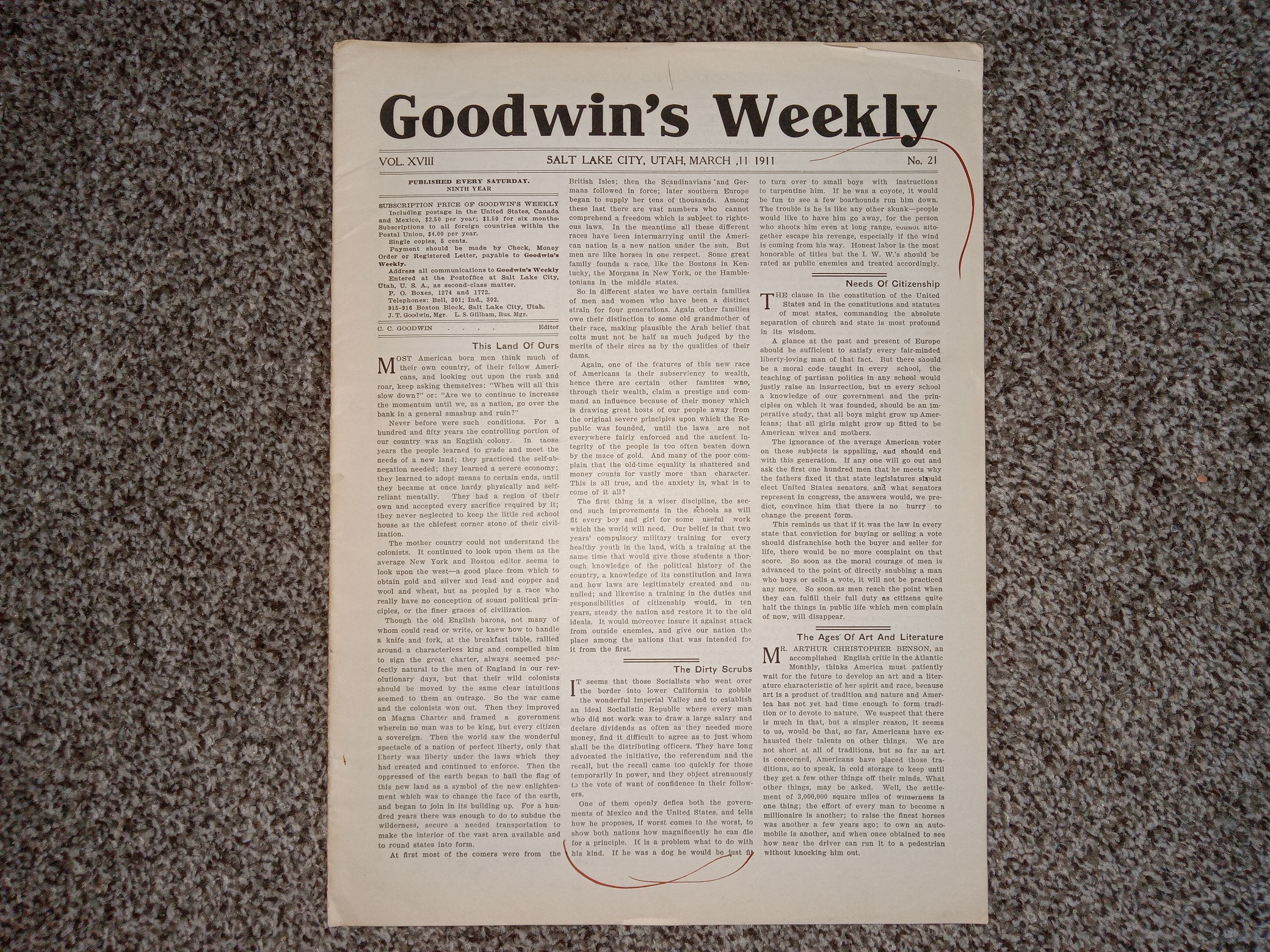 Goodwin’s Weekly: Vol. 18, No. 21, Salt Lake City, Utah, March 11, 1911 (Newspaper) (1911)