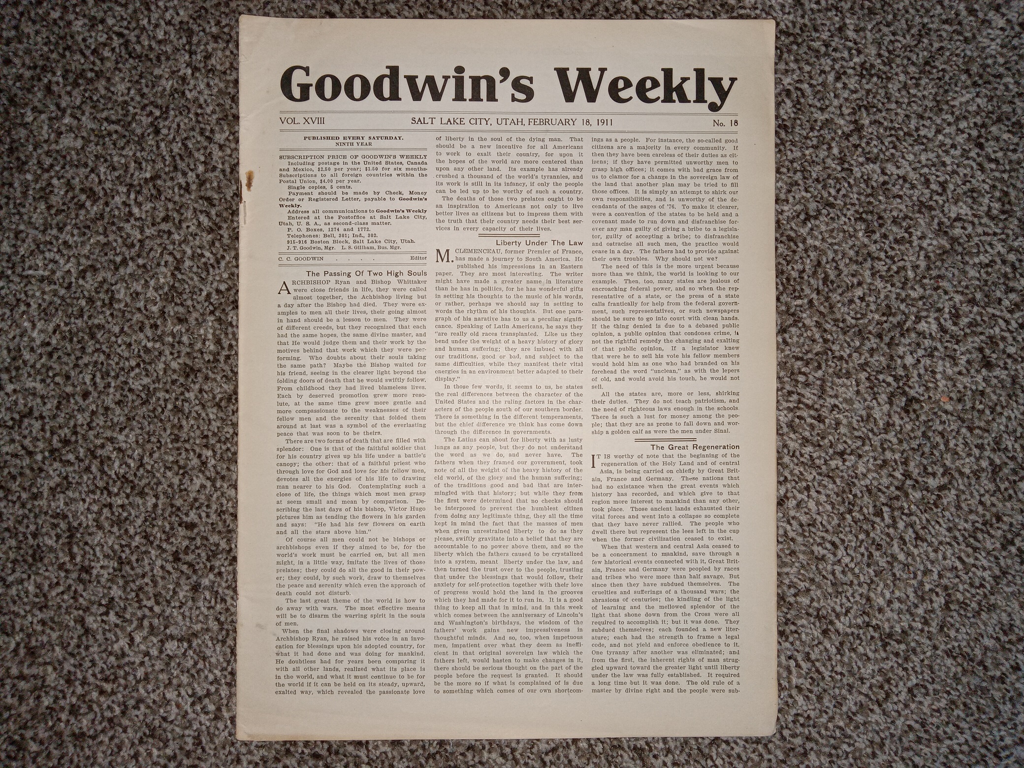 Goodwin’s Weekly: Vol. 18, No. 18, Salt Lake City, Utah, February 18, 1911 (Newspaper) (1911)