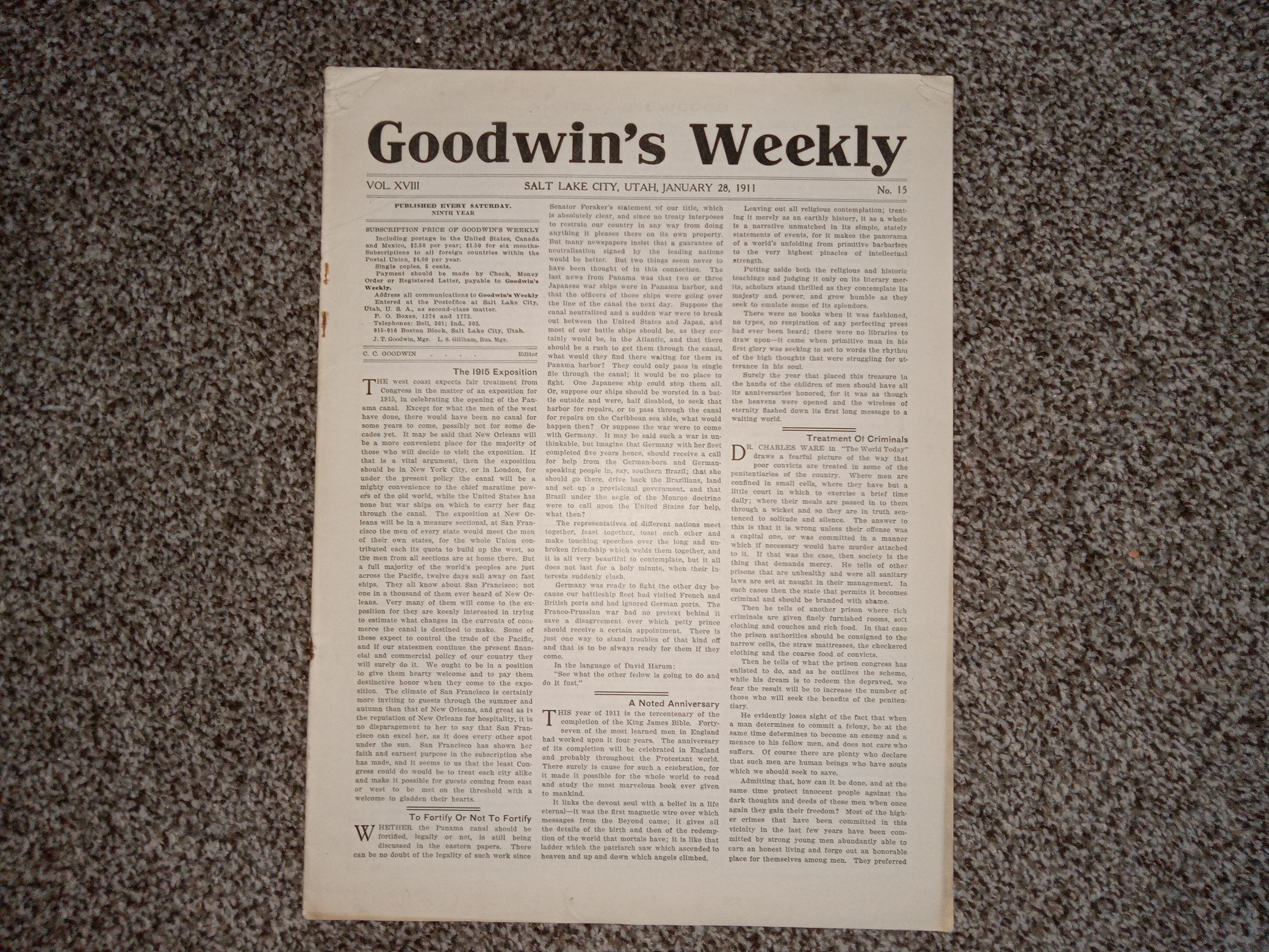 Goodwin’s Weekly: Vol. 18, No. 15, Salt Lake City, Utah, January 28, 1911 (Newspaper) (1911)