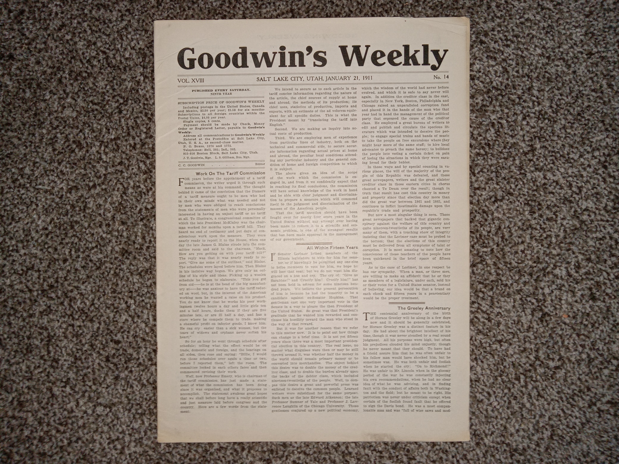 Goodwin’s Weekly: Vol. 18, No. 14, Salt Lake City, Utah, January 21, 1911 (Newspaper) (1911)