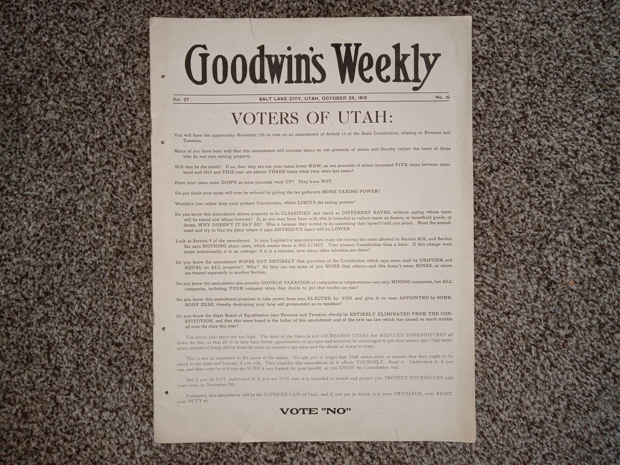 Goodwin’s Weekly: Vol. 27, No. 16, Salt Lake City, Utah, October 28, 1916 (Newspaper) (1916)