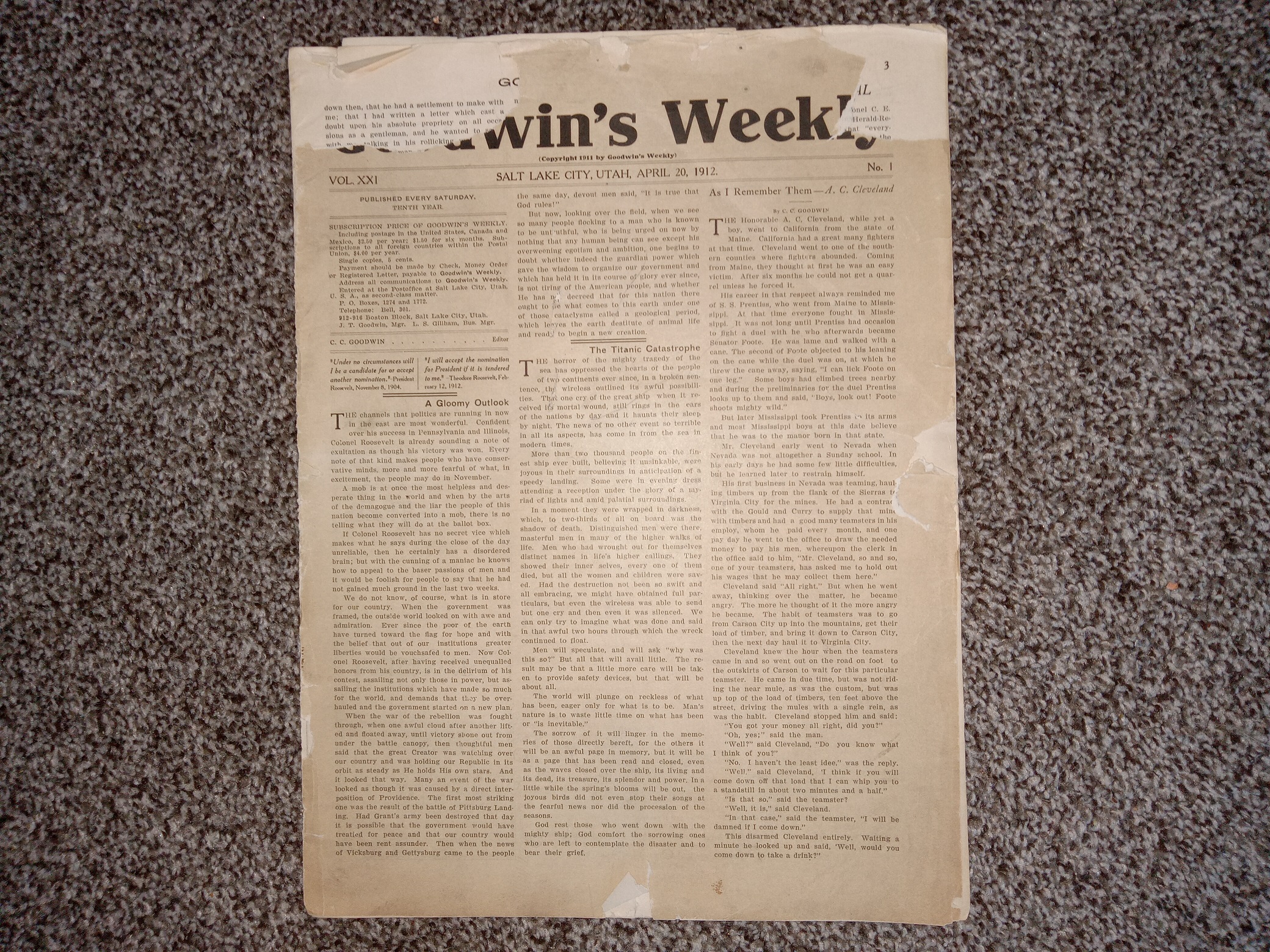 Goodwin’s Weekly: Vol. 21, No. 1, Salt Lake City, Utah, April 20, 1912 (Newspaper) (1912)