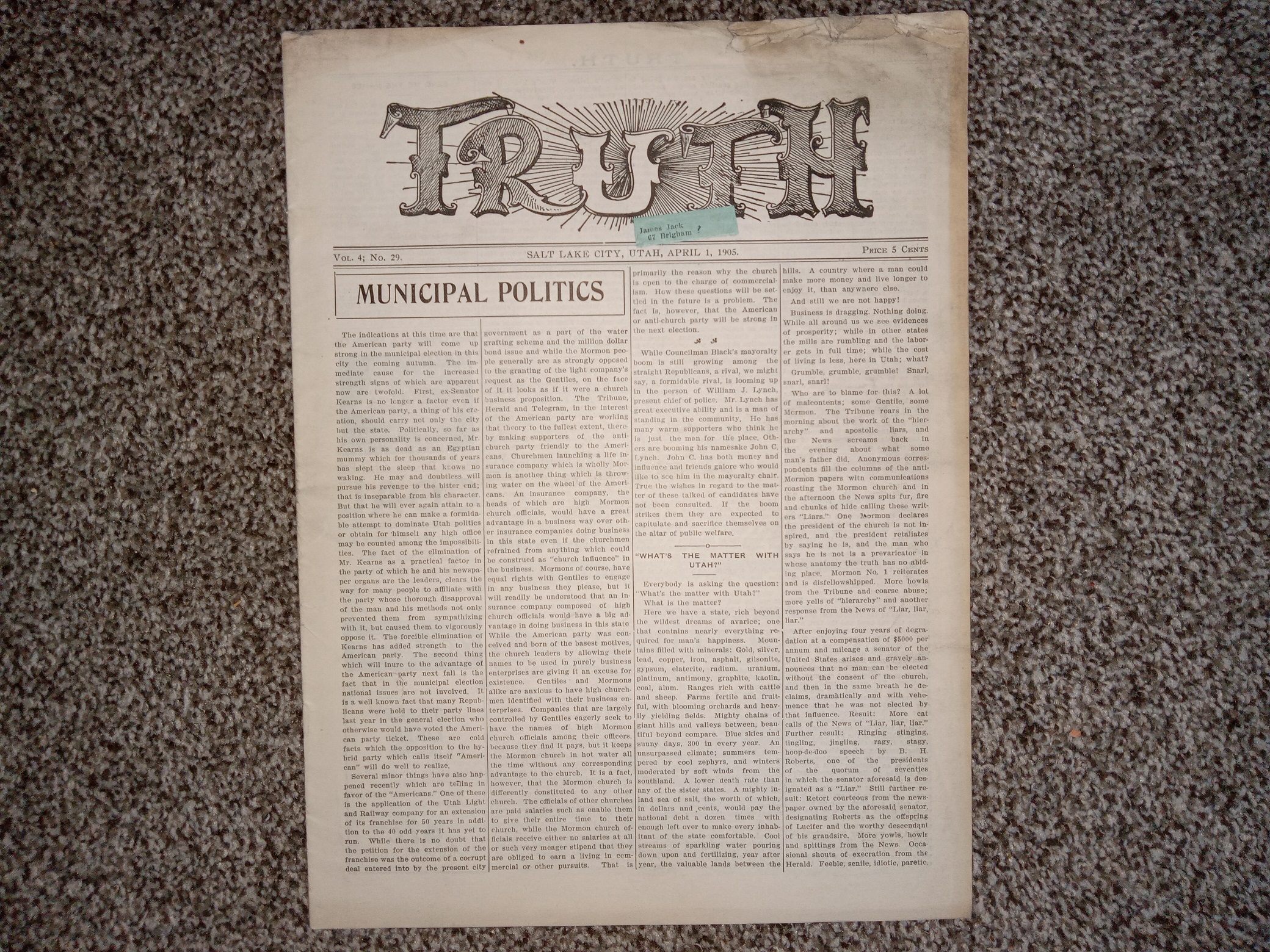 Truth: Vol. 4, No. 29, Salt Lake City, Utah, April 1, 1905 (Newspaper) (1905)