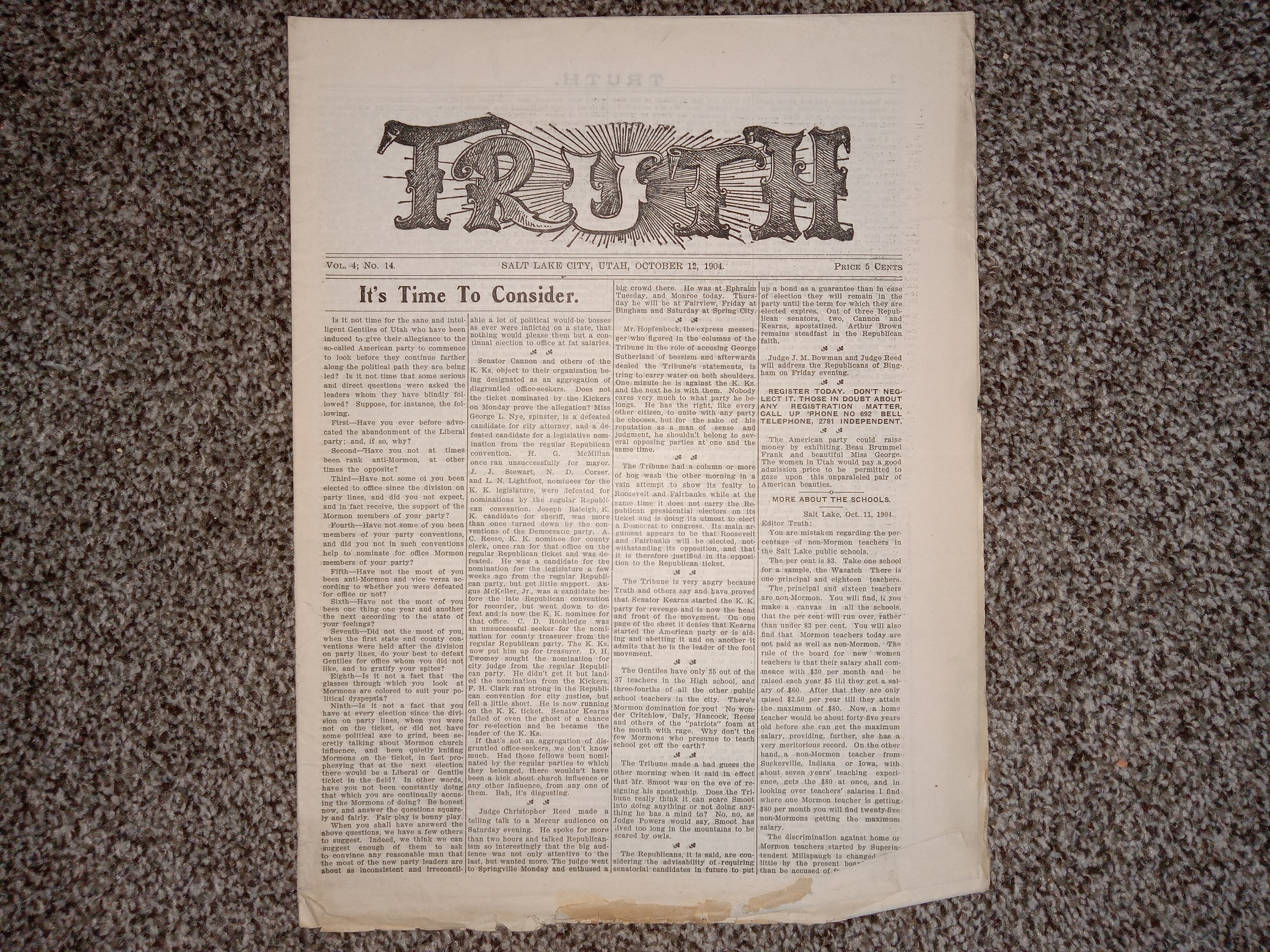 Truth: Vol. 4, No. 14, Salt Lake City, Utah, October 12, 1904 (Newspaper) (Uncut) (1904)