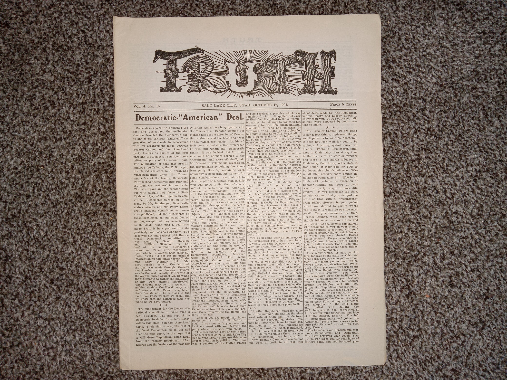 Truth: Vol. 4, No. 16, Salt Lake City, Utah, October 17, 1904 (Newspaper) (Uncut) (1904)