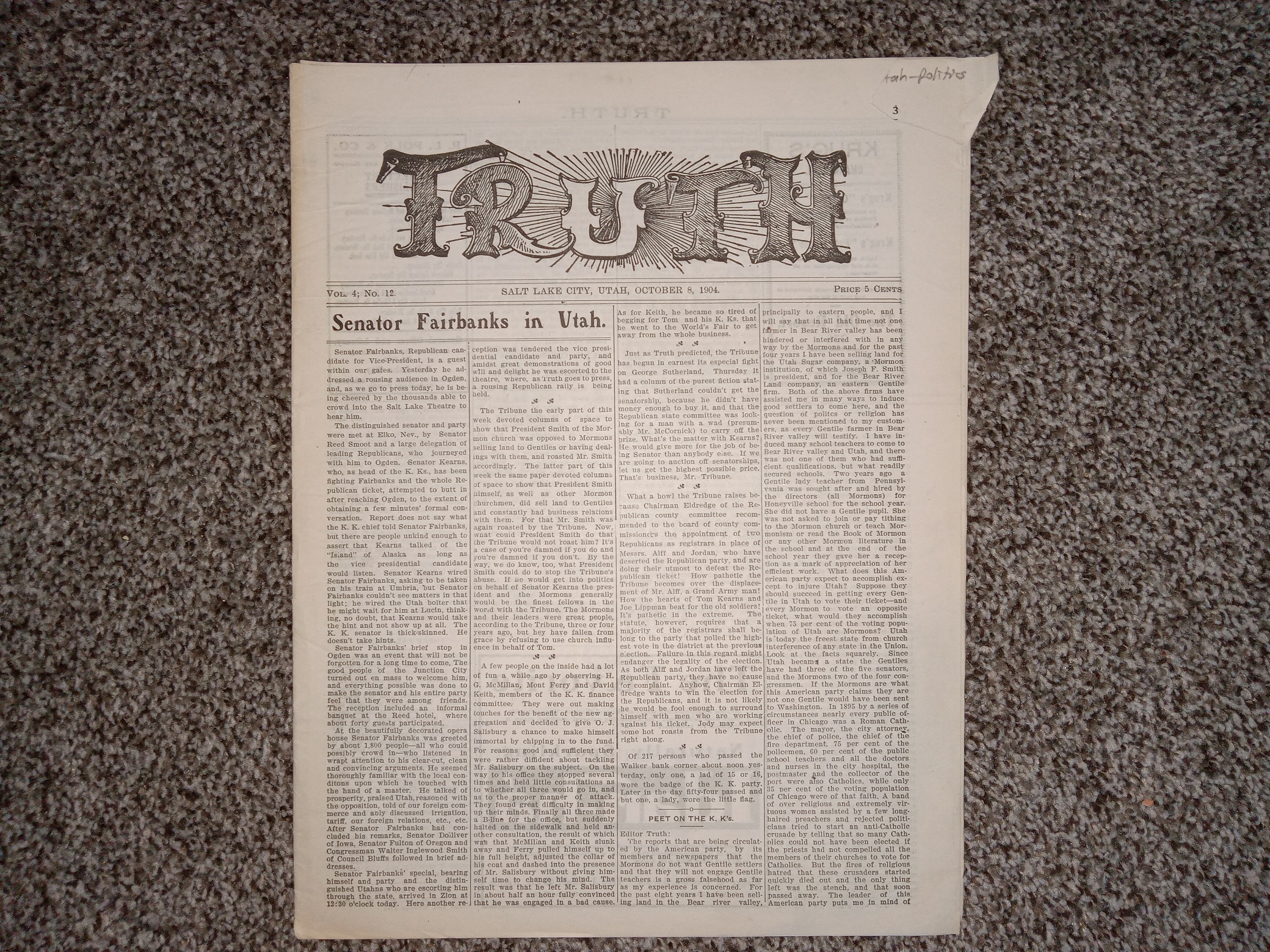 Truth: Vol. 4, No. 12, Salt Lake City, Utah, October 8, 1904 (Newspaper) (Uncut) (1904)