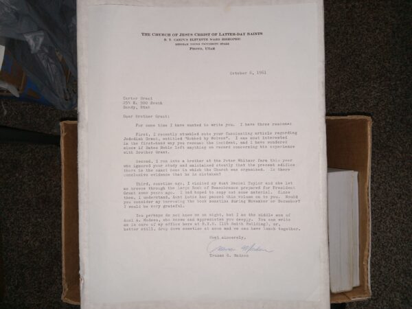 Letter to an LDS Author (Carter Grant) by Another LDS Author (Truman G. Madsen), Dated October 6, 1961