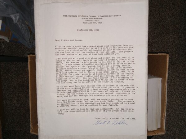 A Letter Written to Bishop of the LDS Butler Ward, Signed by Grant E. Pedler, Dated September 25, 1960
