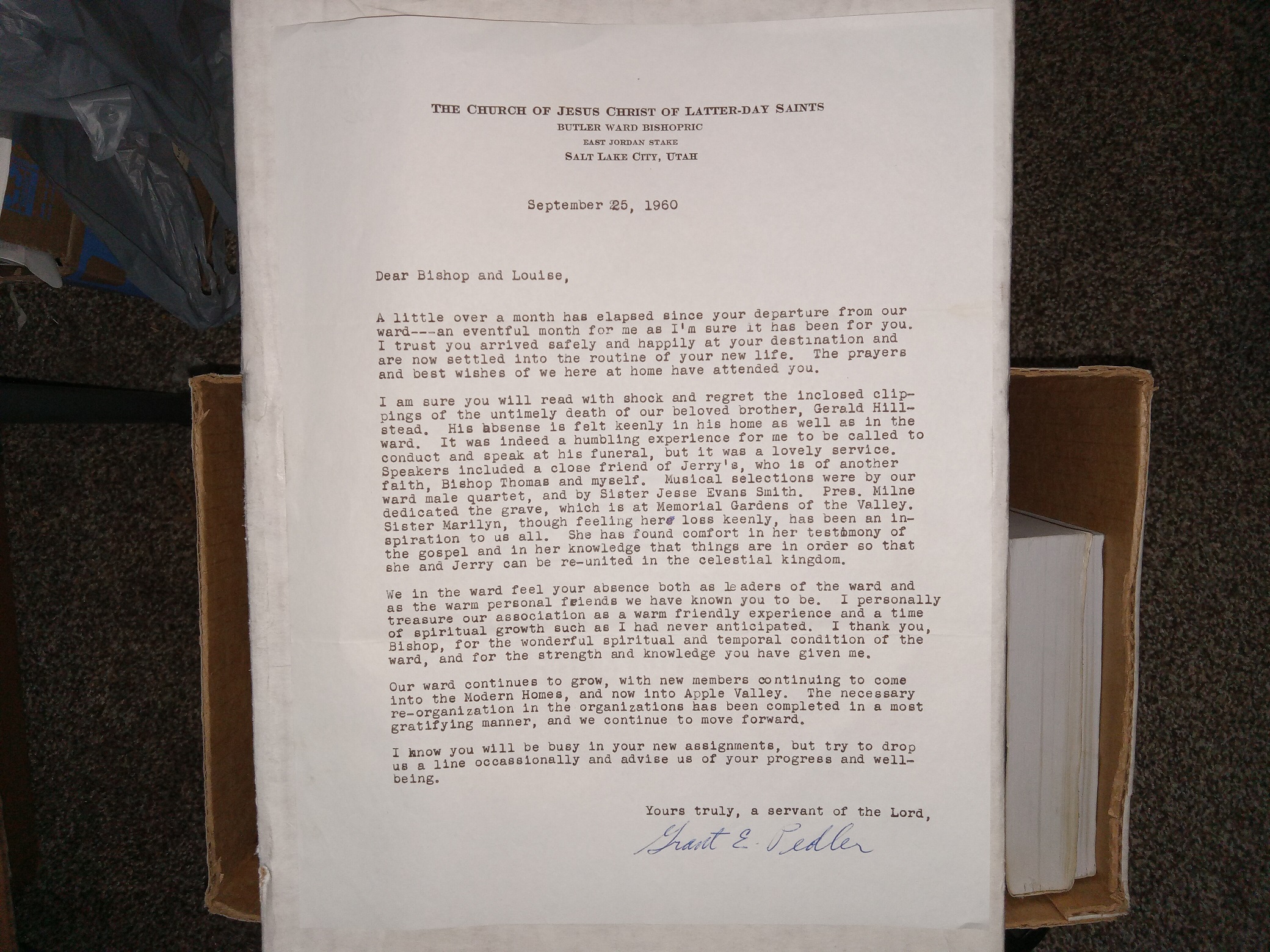 A Letter Written to Bishop of the LDS Butler Ward, Signed by Grant E. Pedler, Dated September 25, 1960
