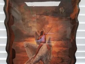 Restrictions Print — by Famous Artist John Pitre — On Wood with Glossy Acrylic Finnish — “Acrylic Angel Art on Scallop Edge Wood 22x16x1”