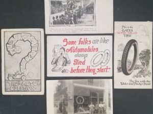 5 Old Automobile Post Cards — 1 with Stamp / “Some Folks are like Automobiles, always Tired before they start” / “The Auto Question” / “Michelin Twins” / “This is the Gates Super-Tread Tire”