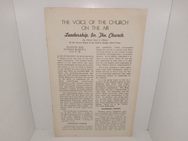 The Voice of the Church on the Air: Leadership in the Church (1941) ~ by Elder Earl J. Glade