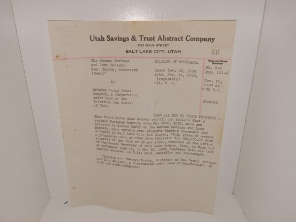 Utah Savings & Trust Abstract Company Note (1898)