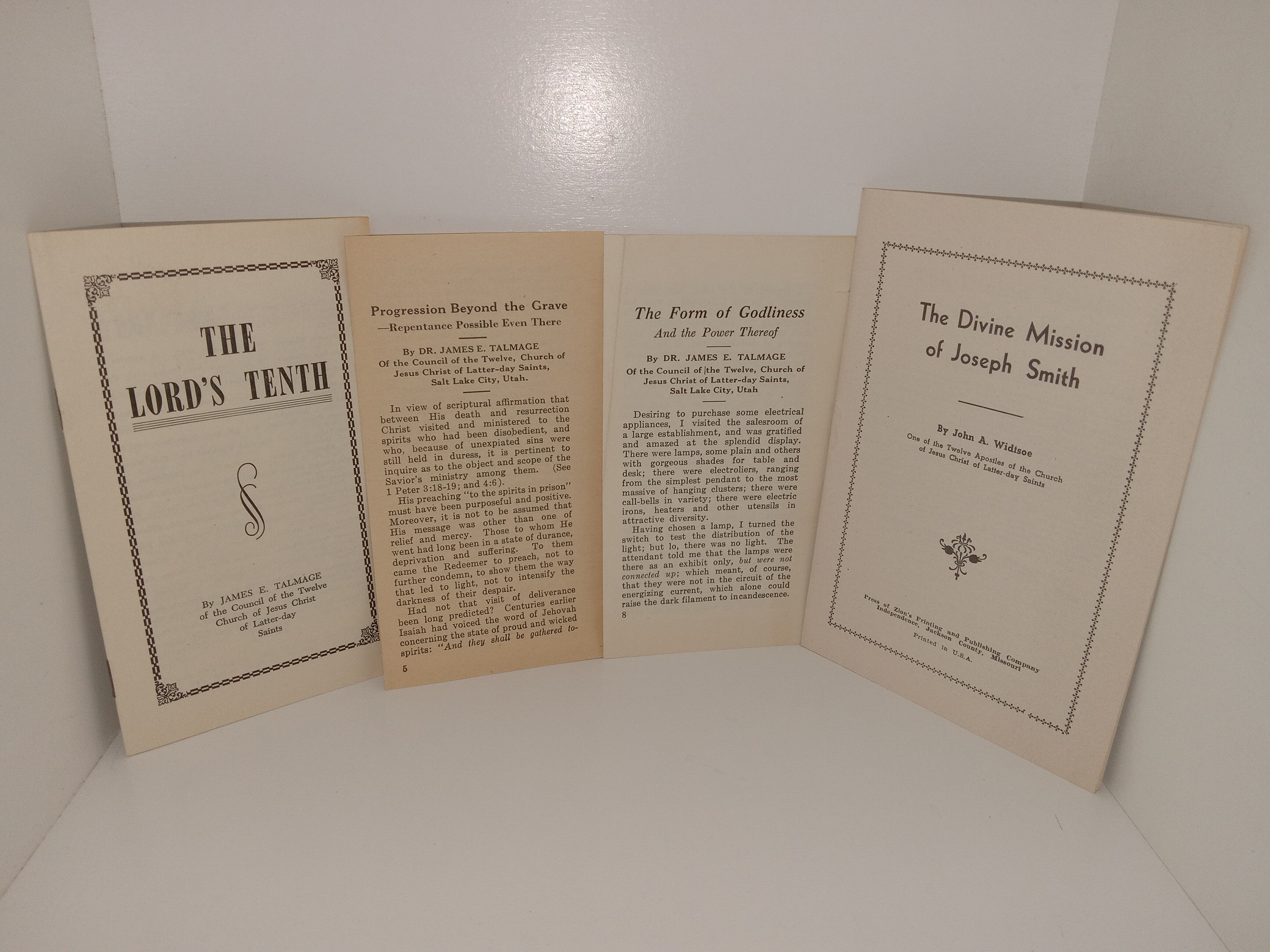 4 LDS Pamphlets: The Lord’s Tenth / Progression Beyond the Grave—Repentance Possible Even There / The form of Godliness And the Power Thereof / The Divine Mission of Joseph Smith (See Details)
