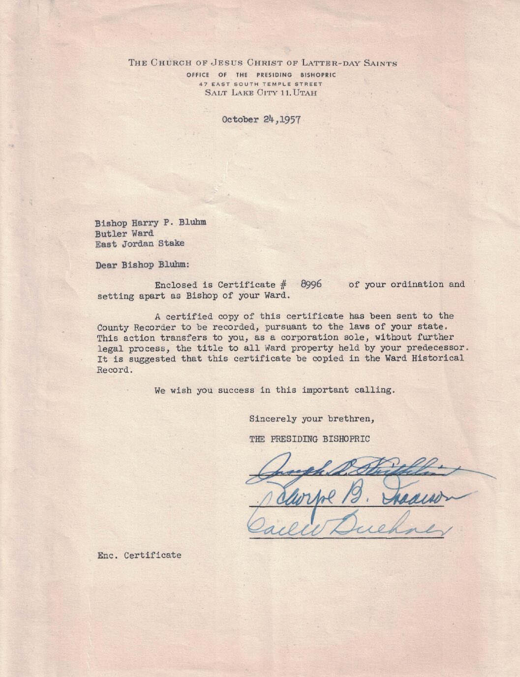 1957 — Letter Signed the the LDS Presiding Bishopric — Joseph B. Wirthlin, Thorpe B. Isaacson, Carl W. Buehner