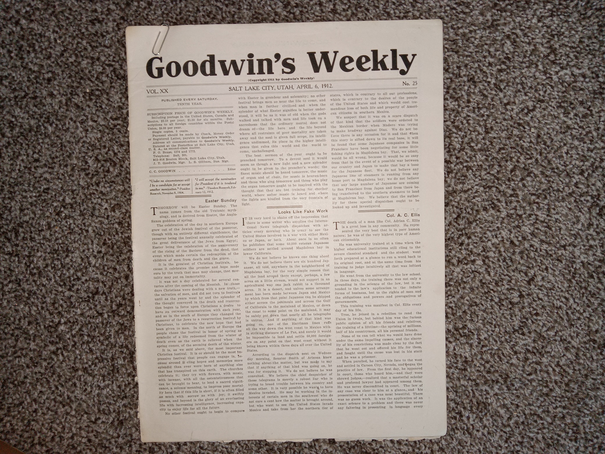 Goodwin’s Weekly: Vol. 20, No. 25, Salt Lake City, Utah, April, 6, 1912 (Newspaper) (1912)